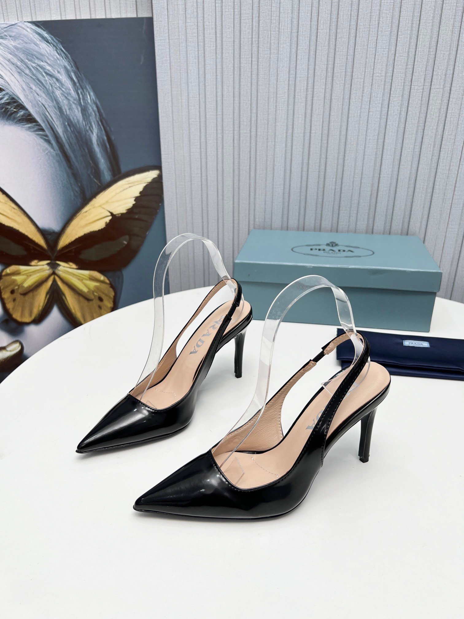 Prada Slingbacks Pumps 95mm In Black Patent Leather