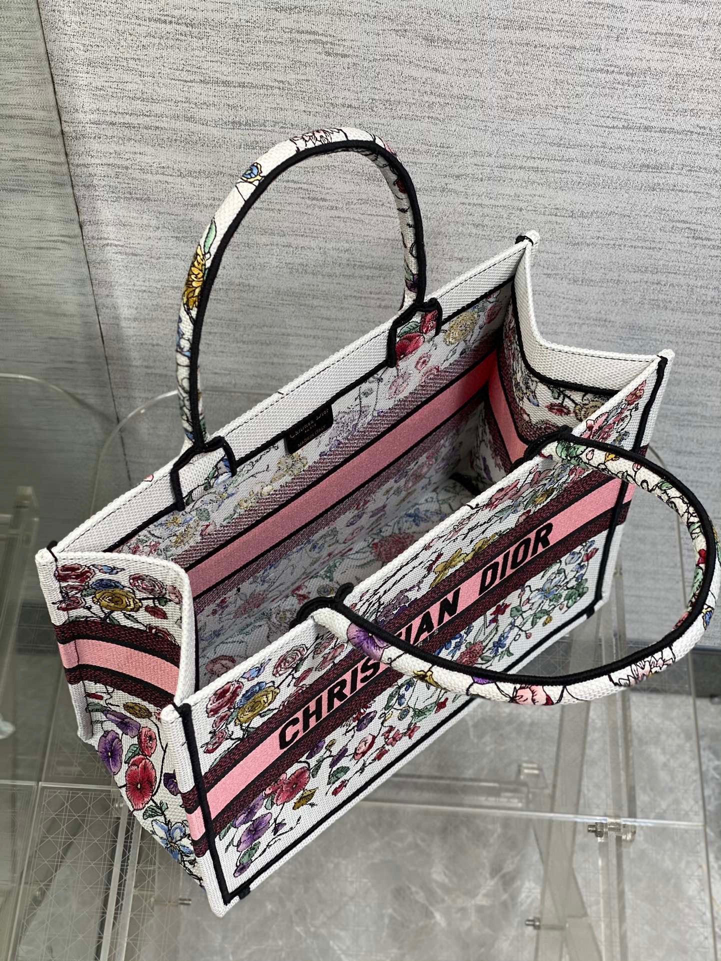 Dior Medium Book Tote Bag In White Multicolor Florilegio Embroidery