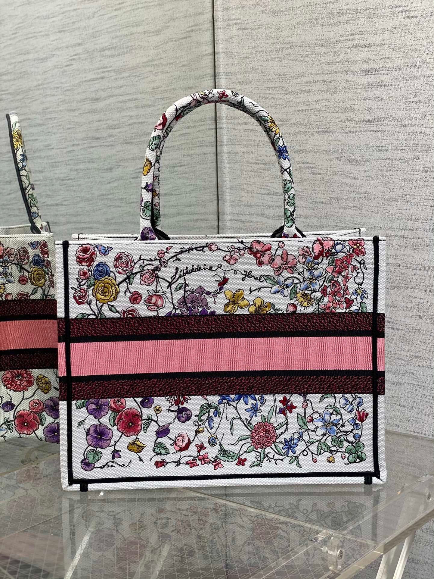 Dior Medium Book Tote Bag In White Multicolor Florilegio Embroidery