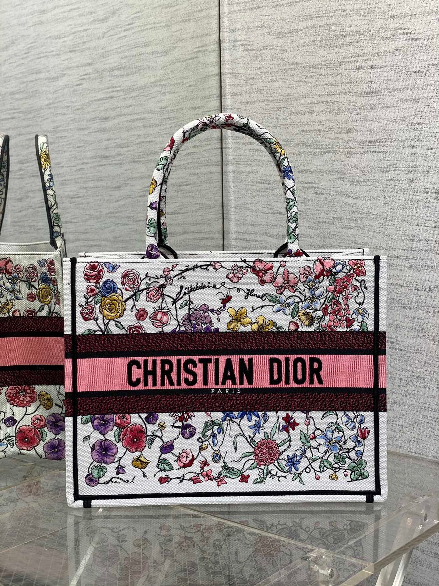 Dior Medium Book Tote Bag In White Multicolor Florilegio Embroidery