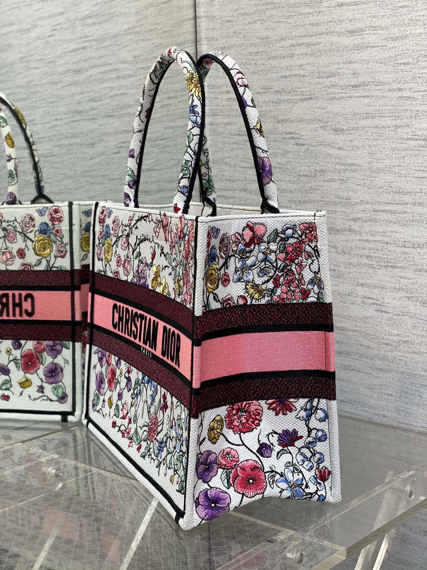 Dior Medium Book Tote Bag In White Multicolor Florilegio Embroidery