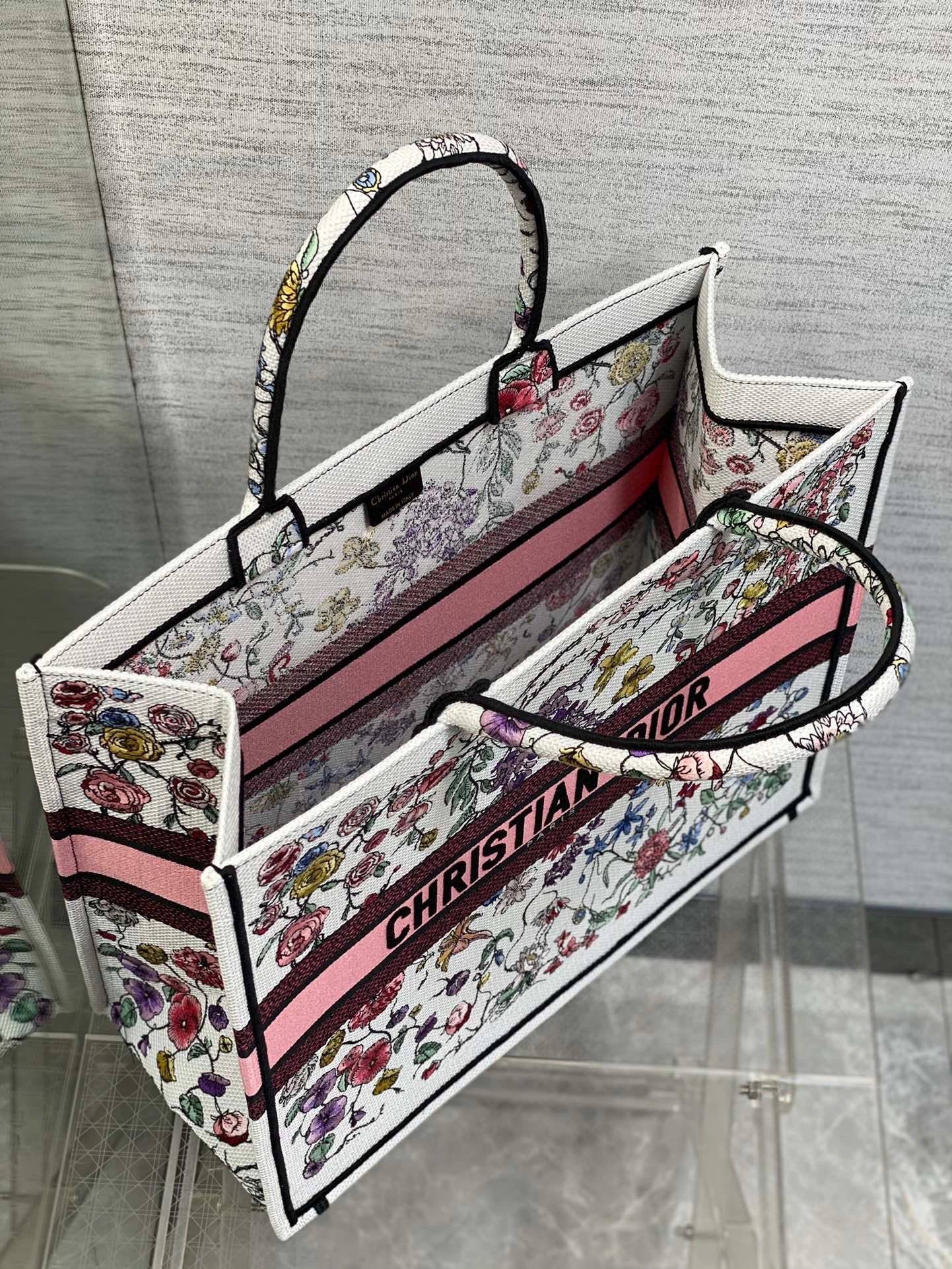 Dior Large Book Tote Bag In White Multicolor Florilegio Embroidery