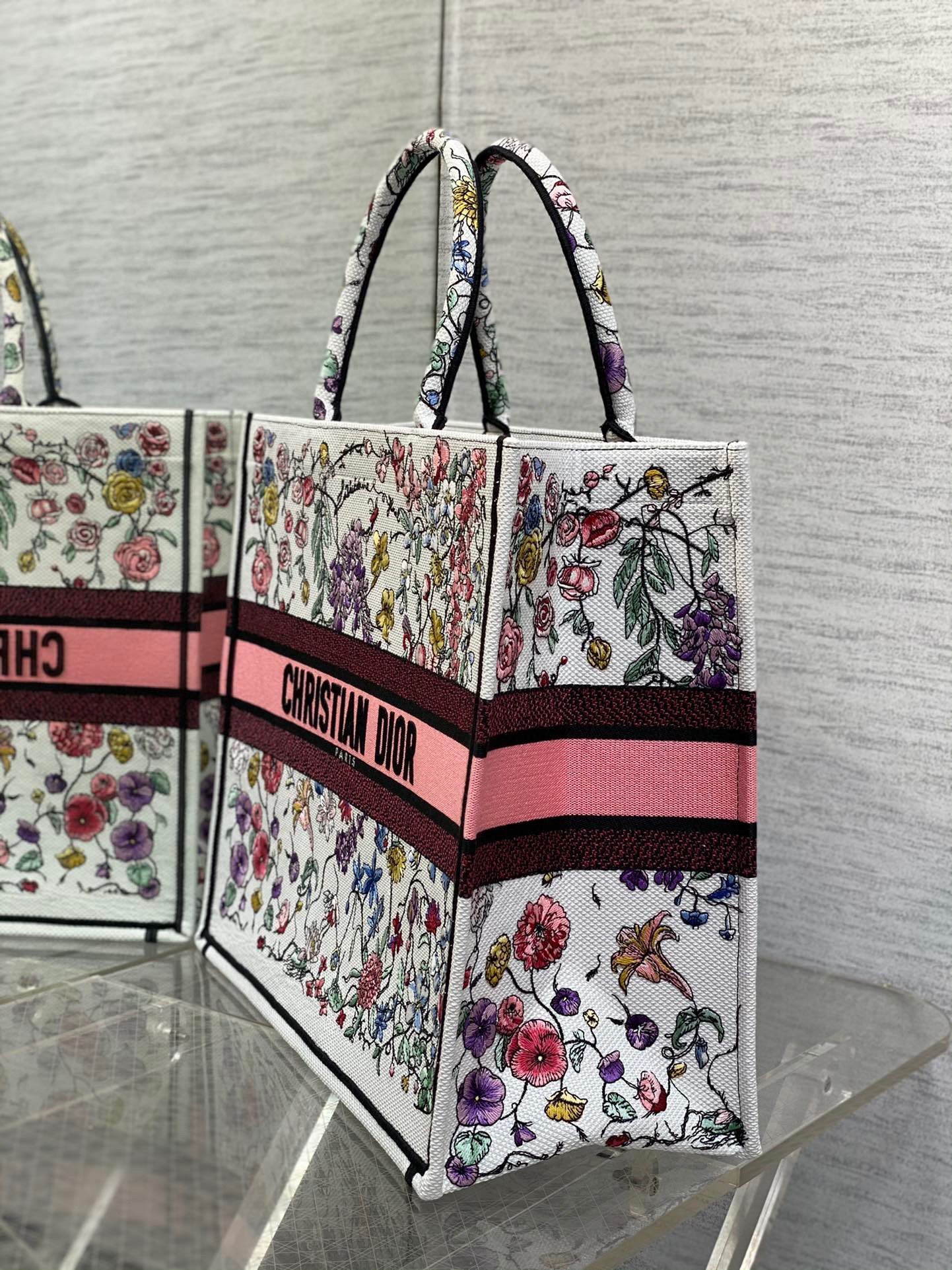 Dior Large Book Tote Bag In White Multicolor Florilegio Embroidery