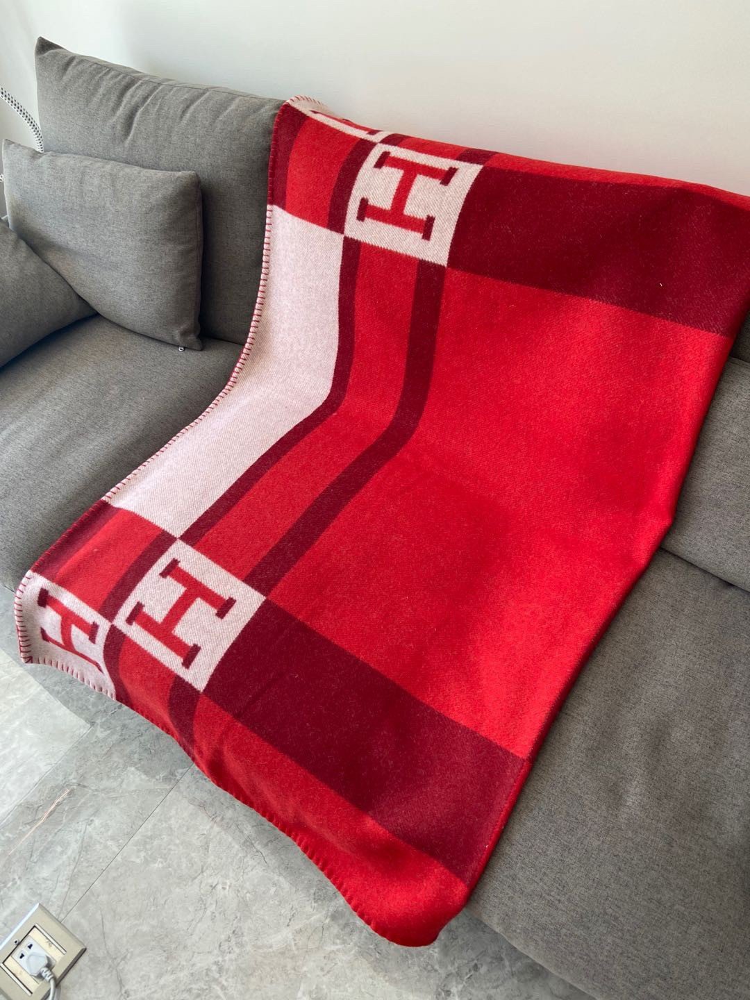 Hermes Rouge Avalon Bayadere Throw Blanket