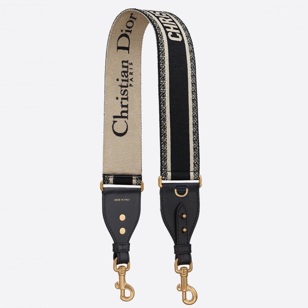 Dior Shoulder Strap with Ring in Black Embroidery Canvas