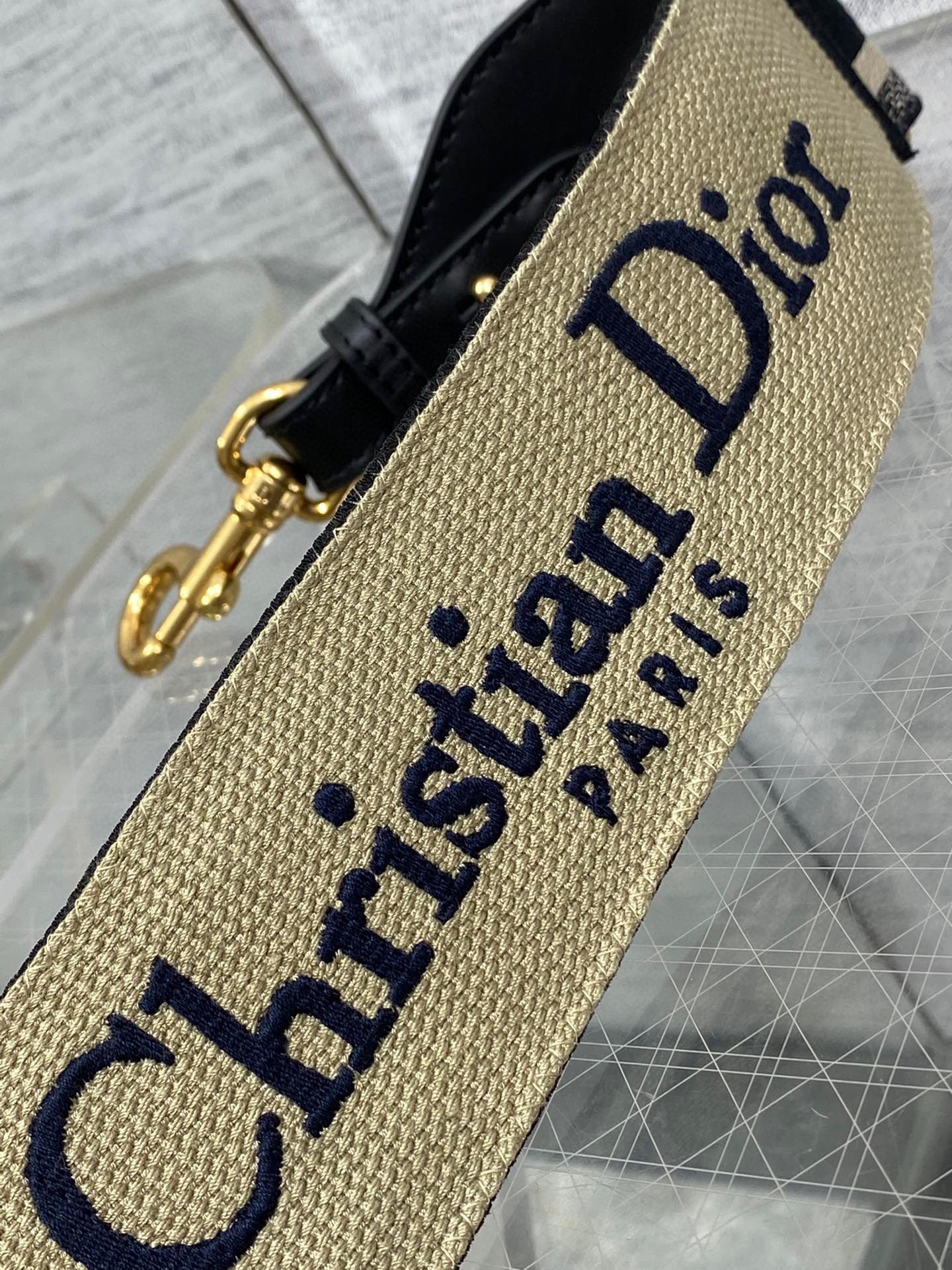 Dior Shoulder Strap with Ring in Black Embroidery Canvas