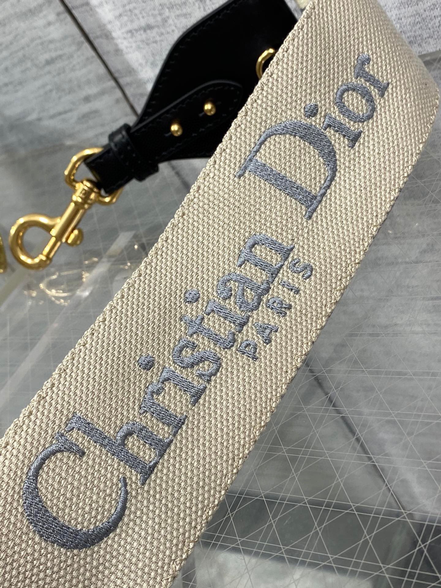 Dior Shoulder Strap with Ring in Grey Embroidery Canvas