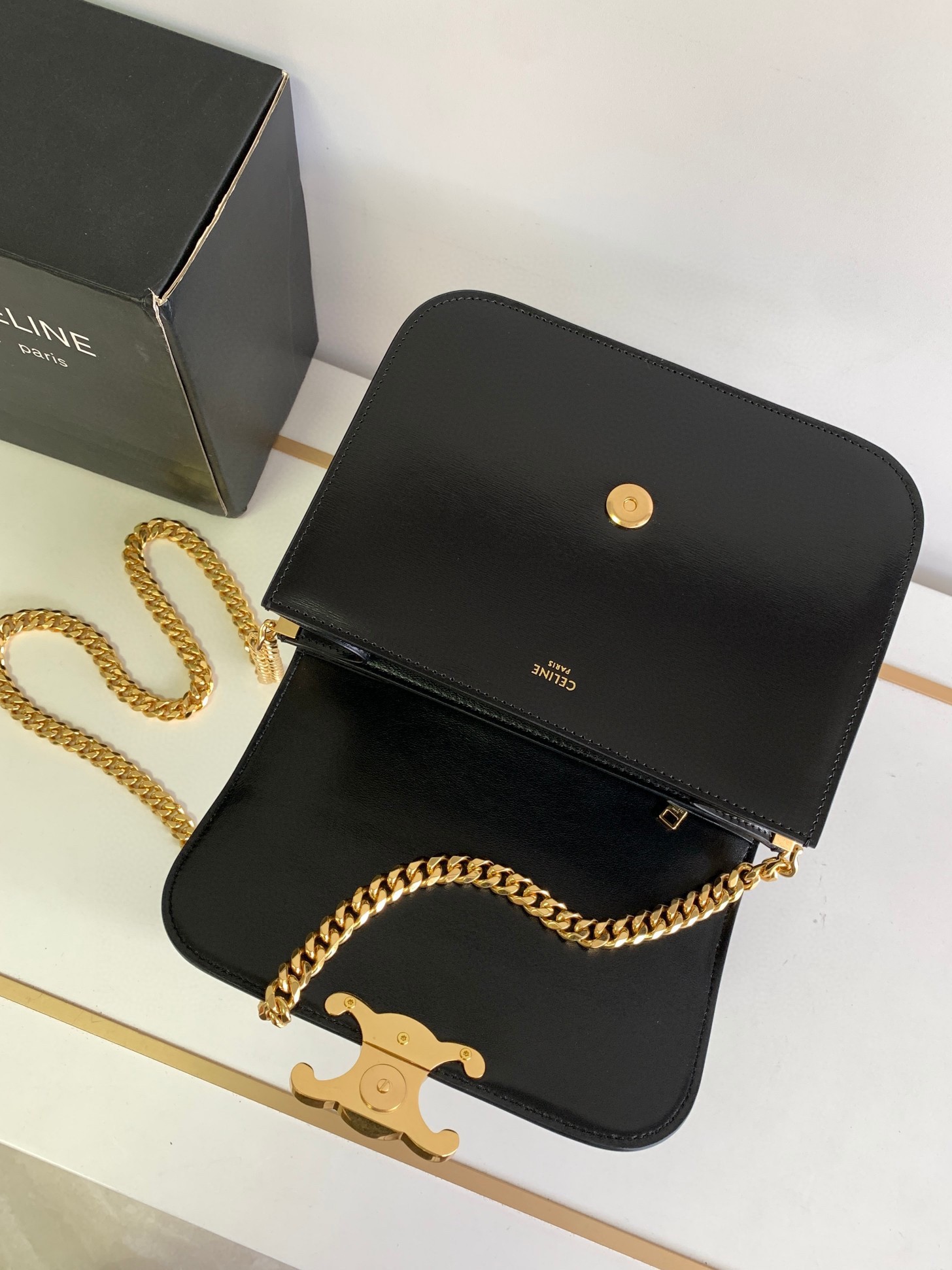 Celine College Triomphe Chain Bag in Black Leather