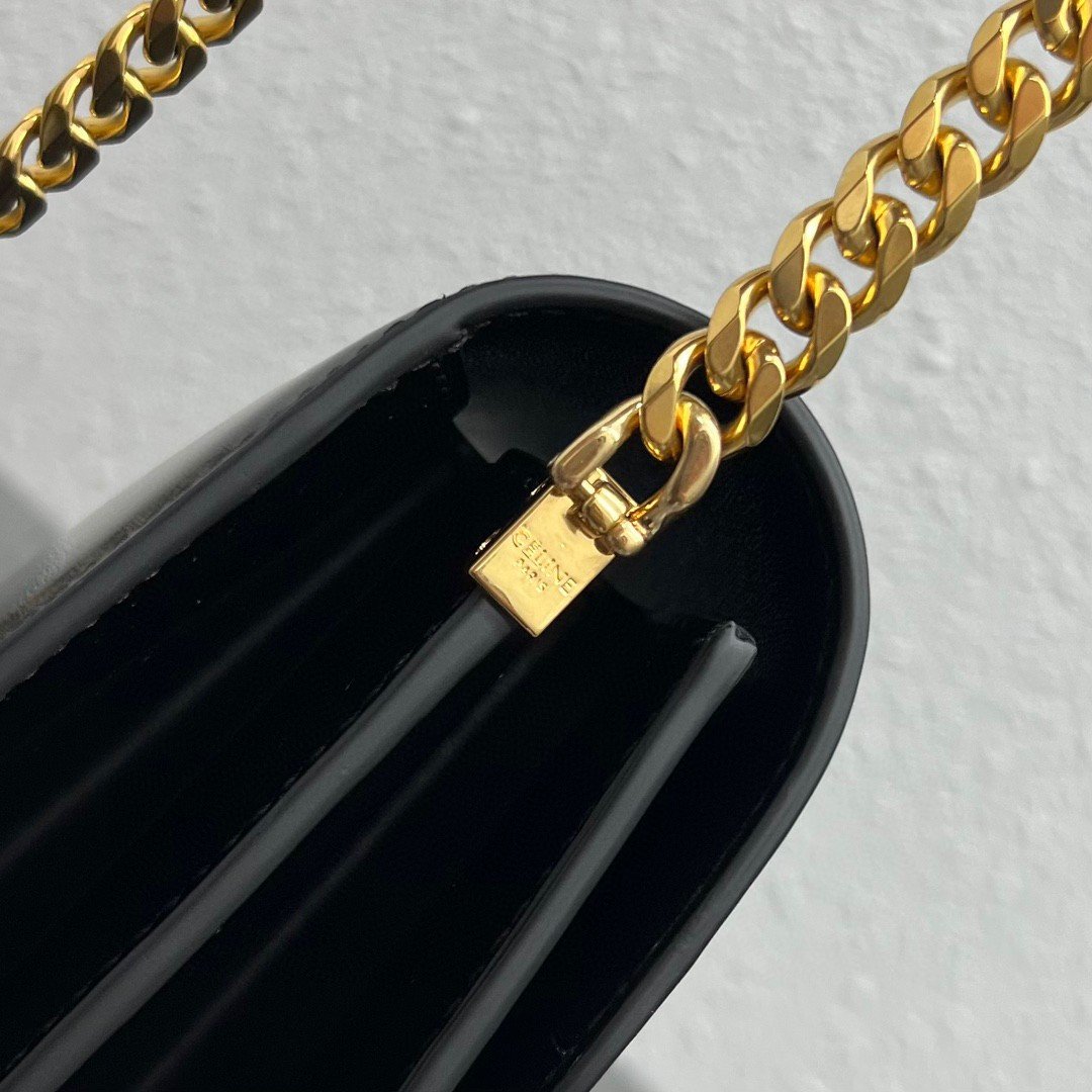 Celine College Triomphe Chain Bag in Black Leather