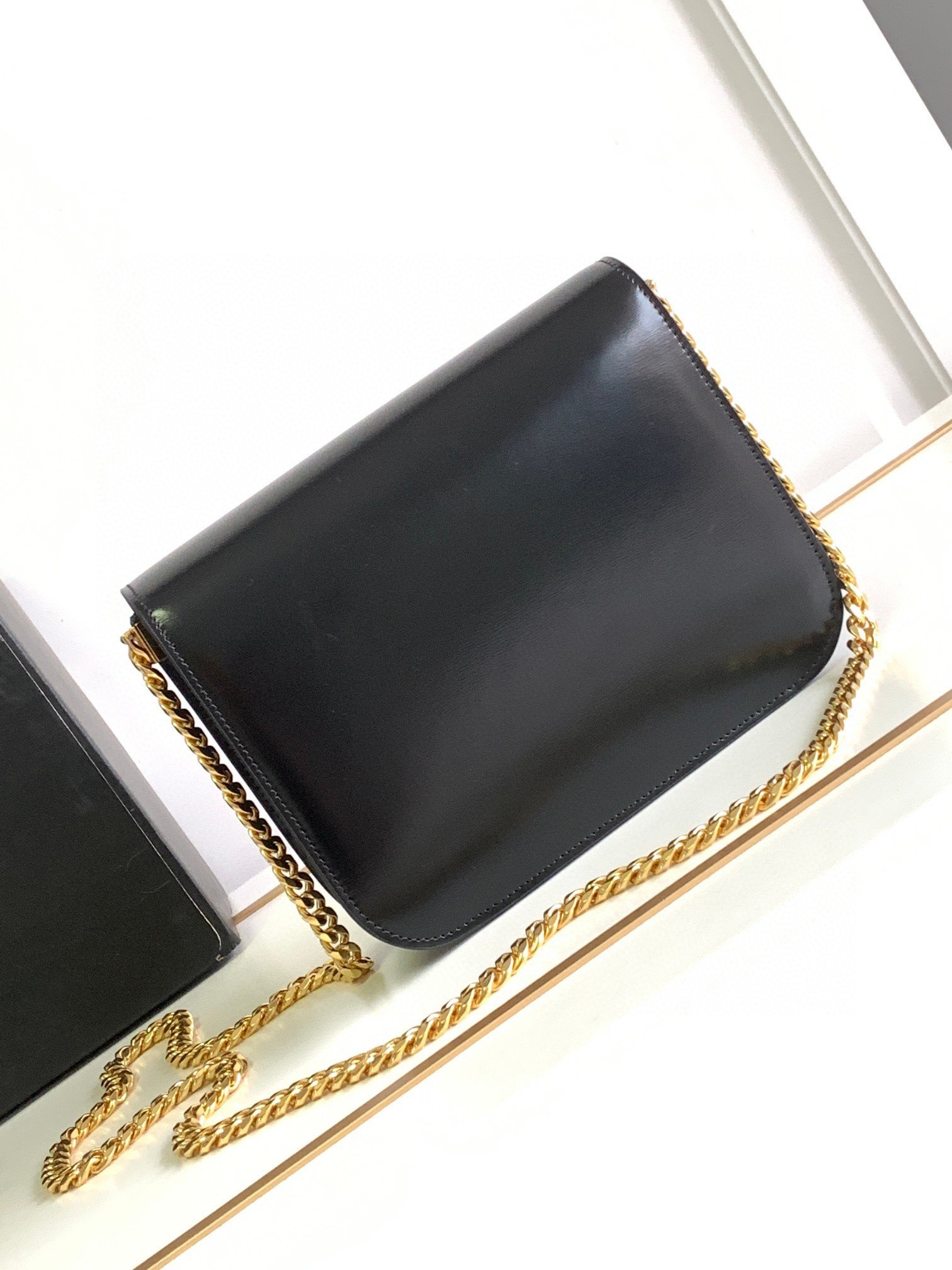 Celine College Triomphe Chain Bag in Black Leather