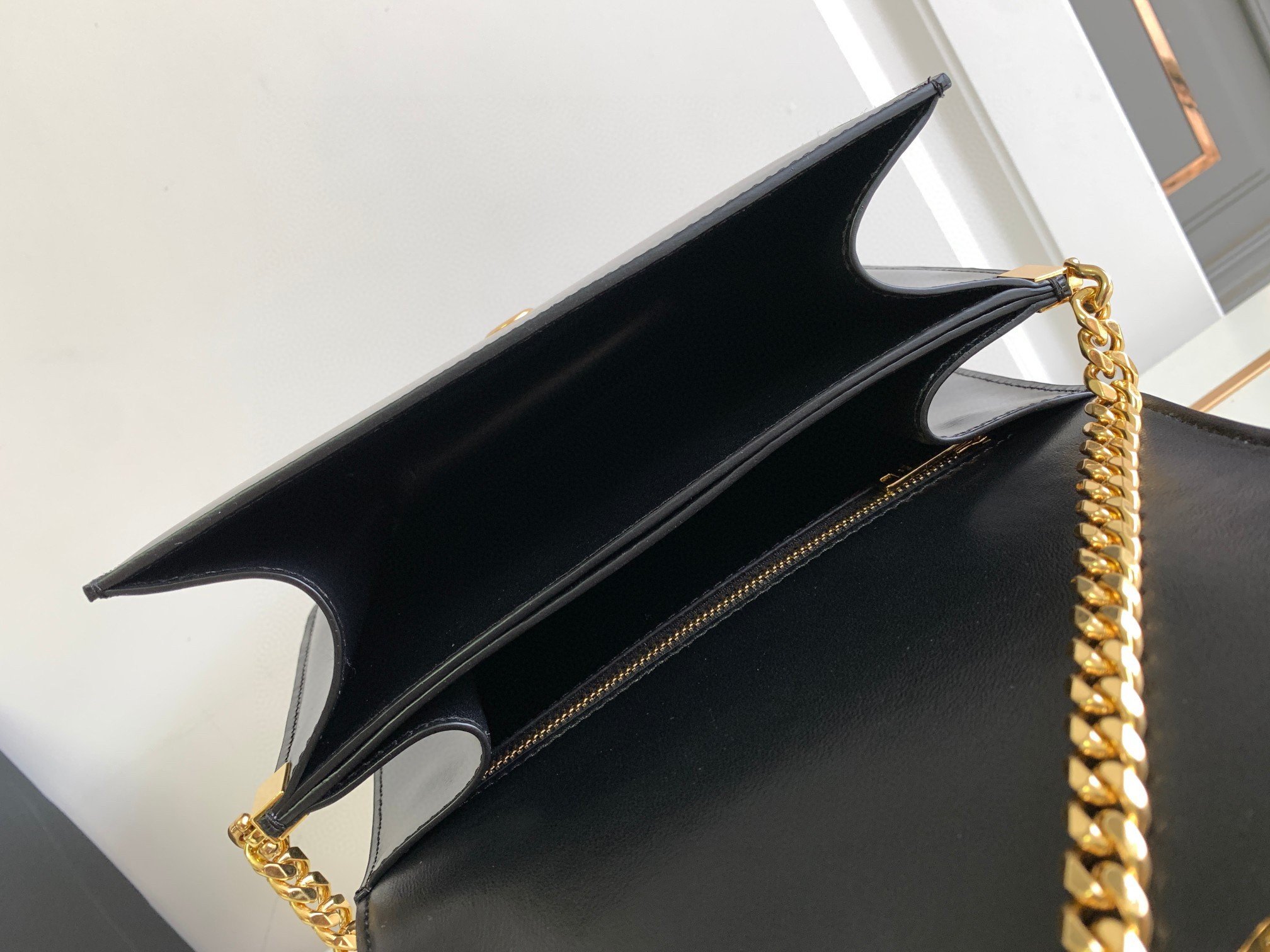 Celine College Triomphe Chain Bag in Black Leather