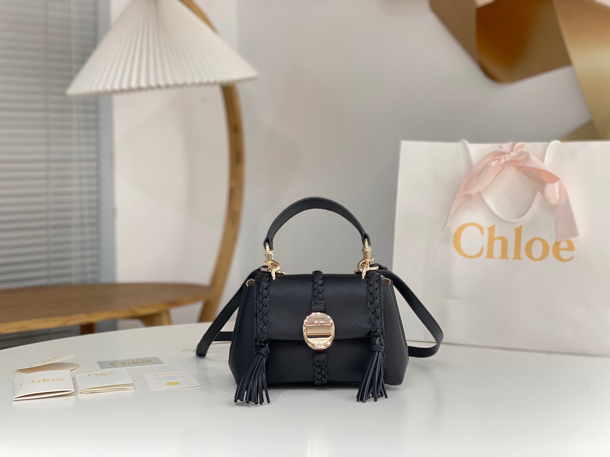 Chloe Penelope Mini Shoulder Bag in Black Grained Calfskin