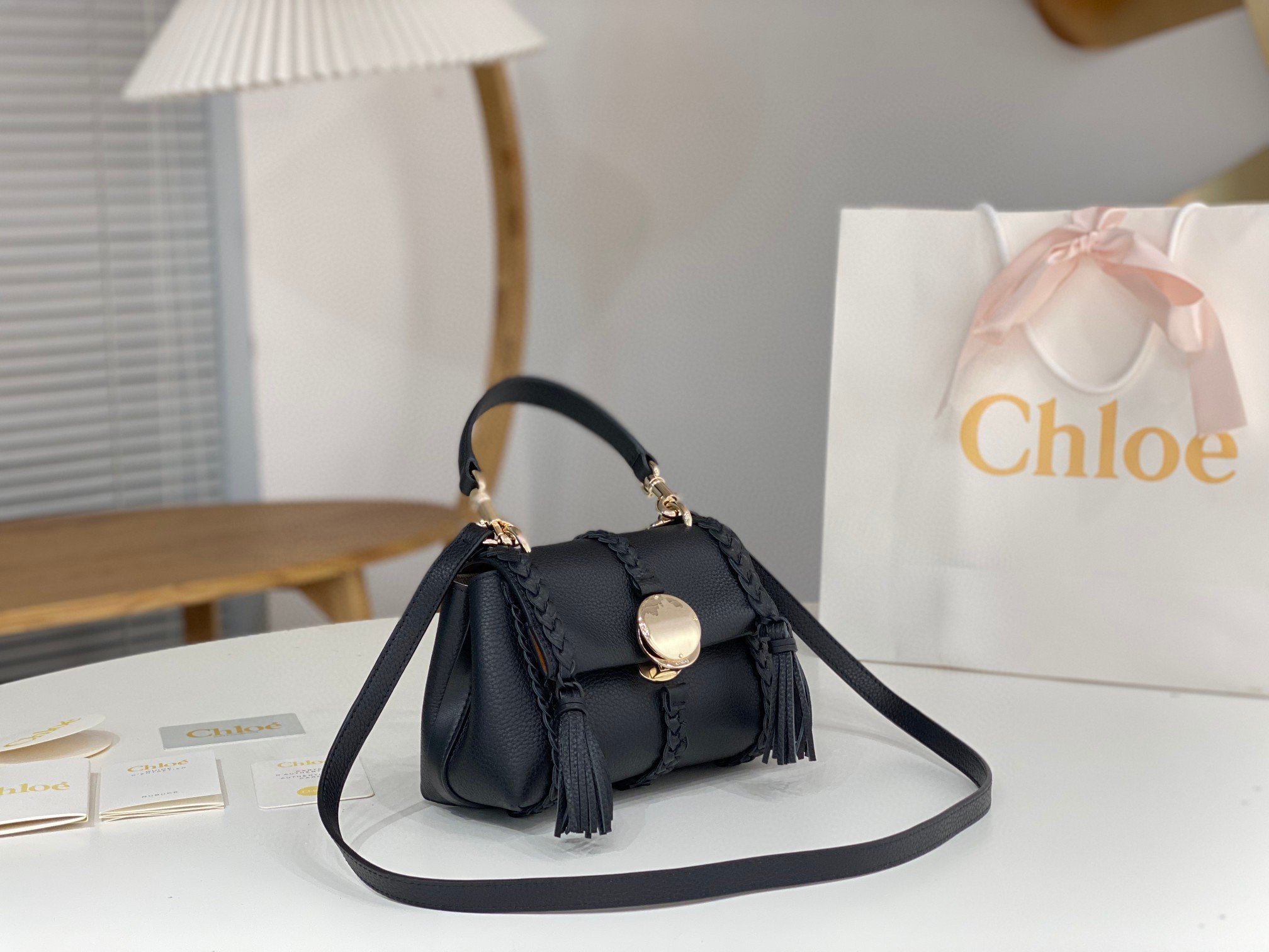 Chloe Penelope Mini Shoulder Bag in Black Grained Calfskin