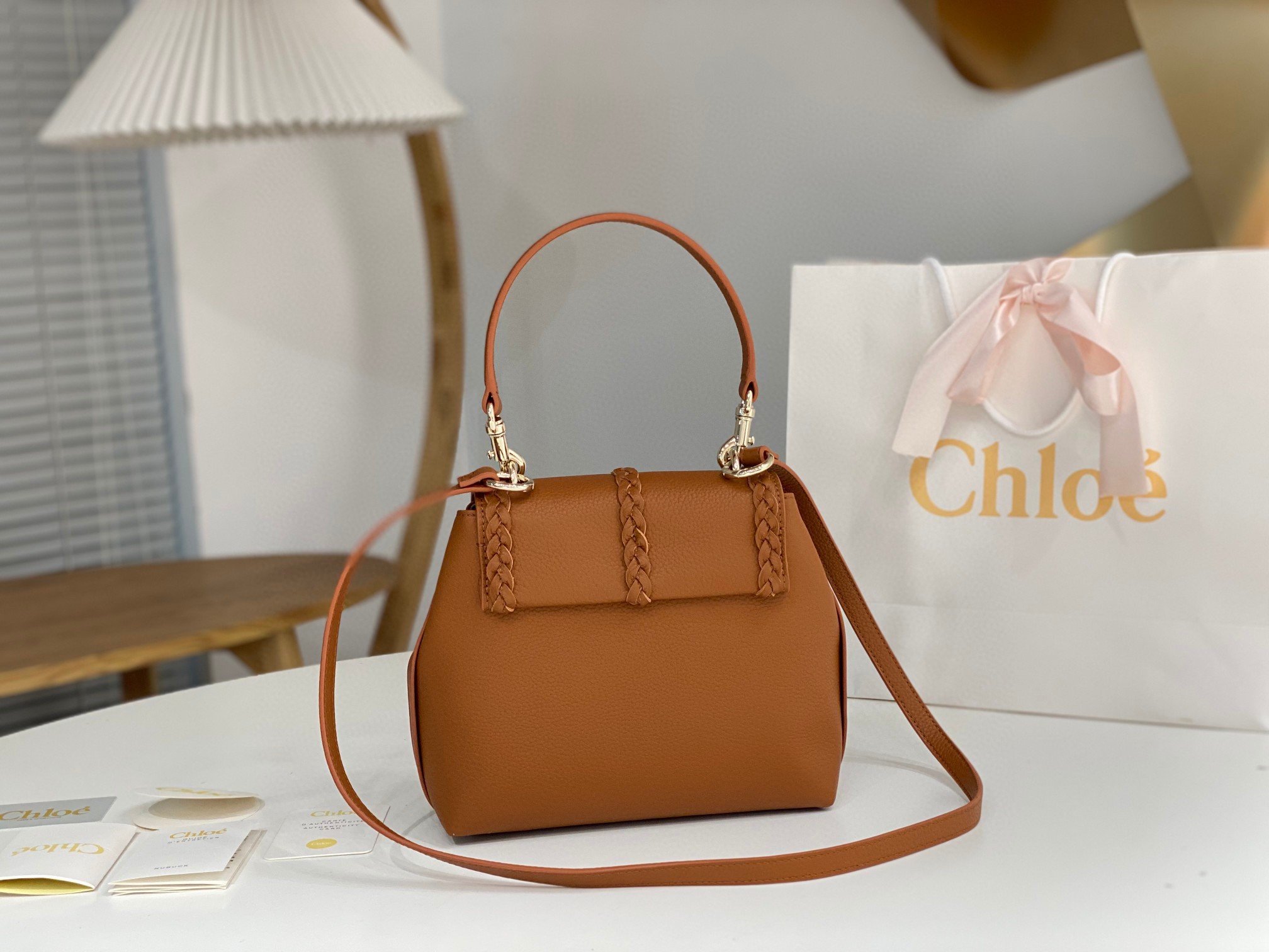 Chloe Penelope Small Shoulder Bag in Brown Grained Calfskin