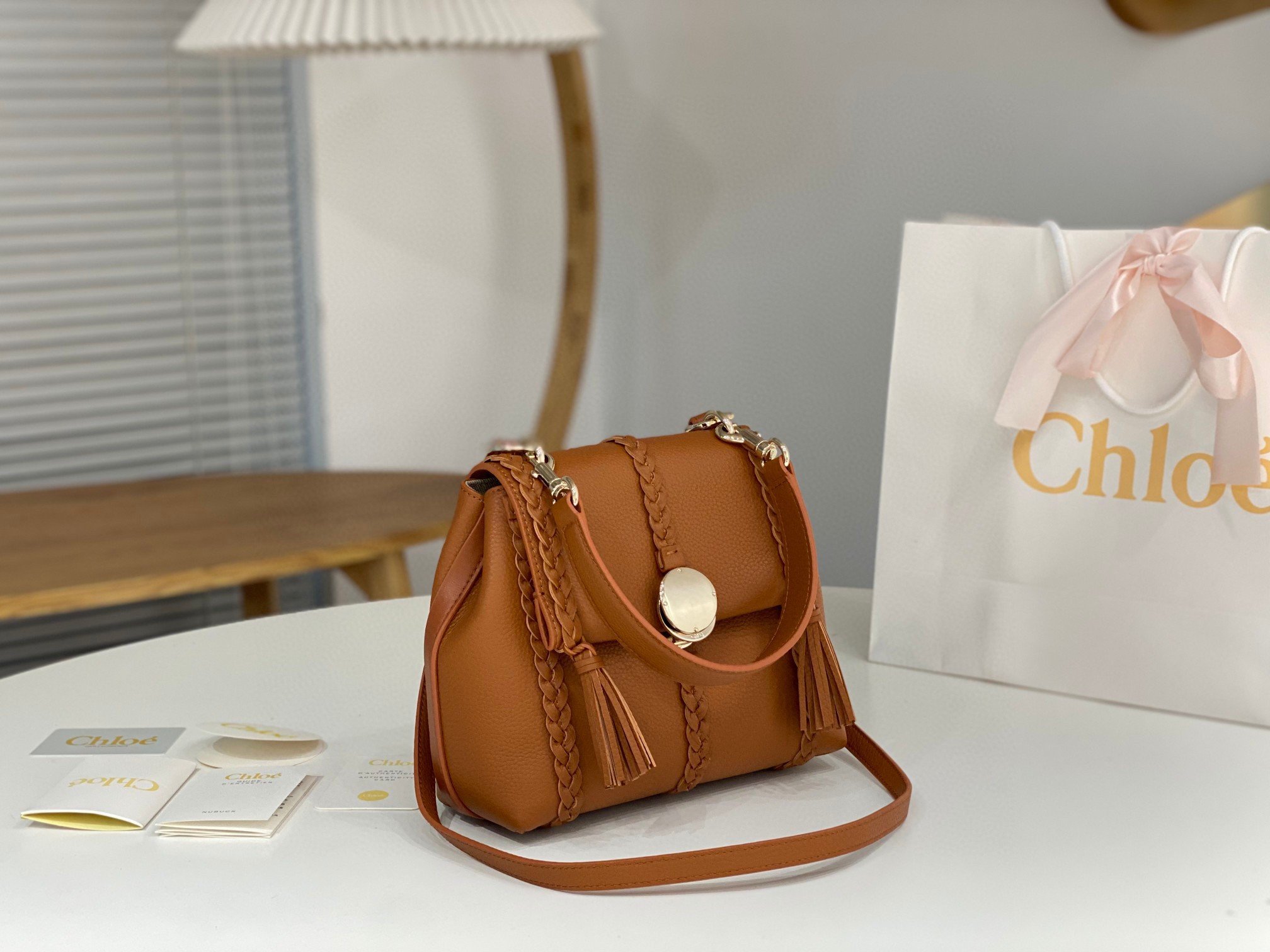 Chloe Penelope Small Shoulder Bag in Brown Grained Calfskin