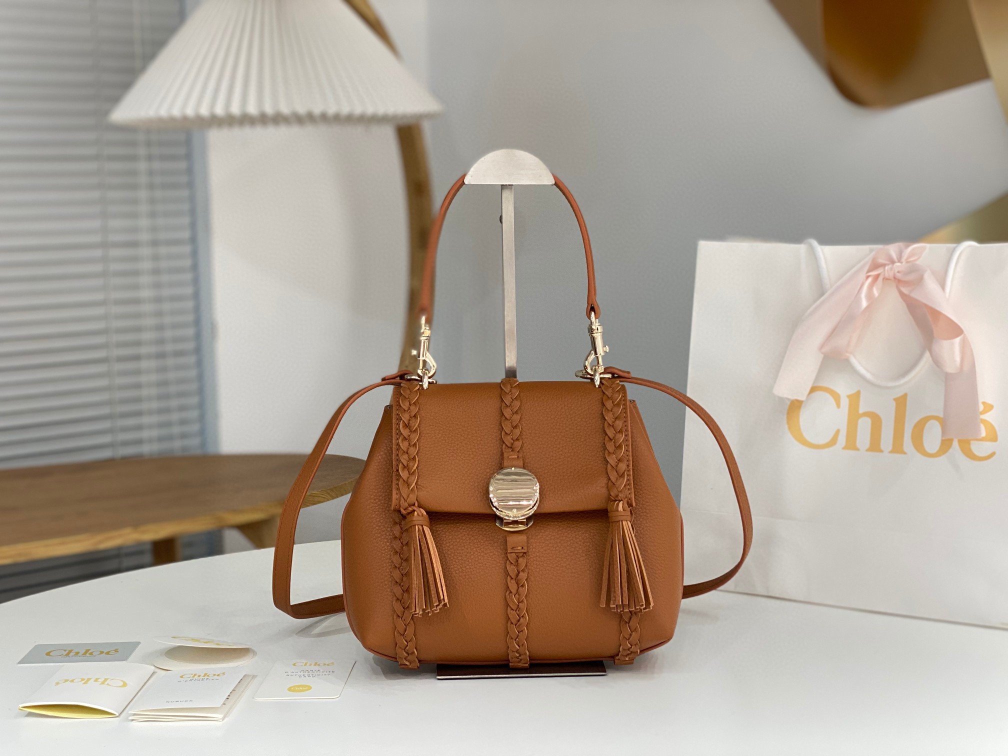 Chloe Penelope Small Shoulder Bag in Brown Grained Calfskin