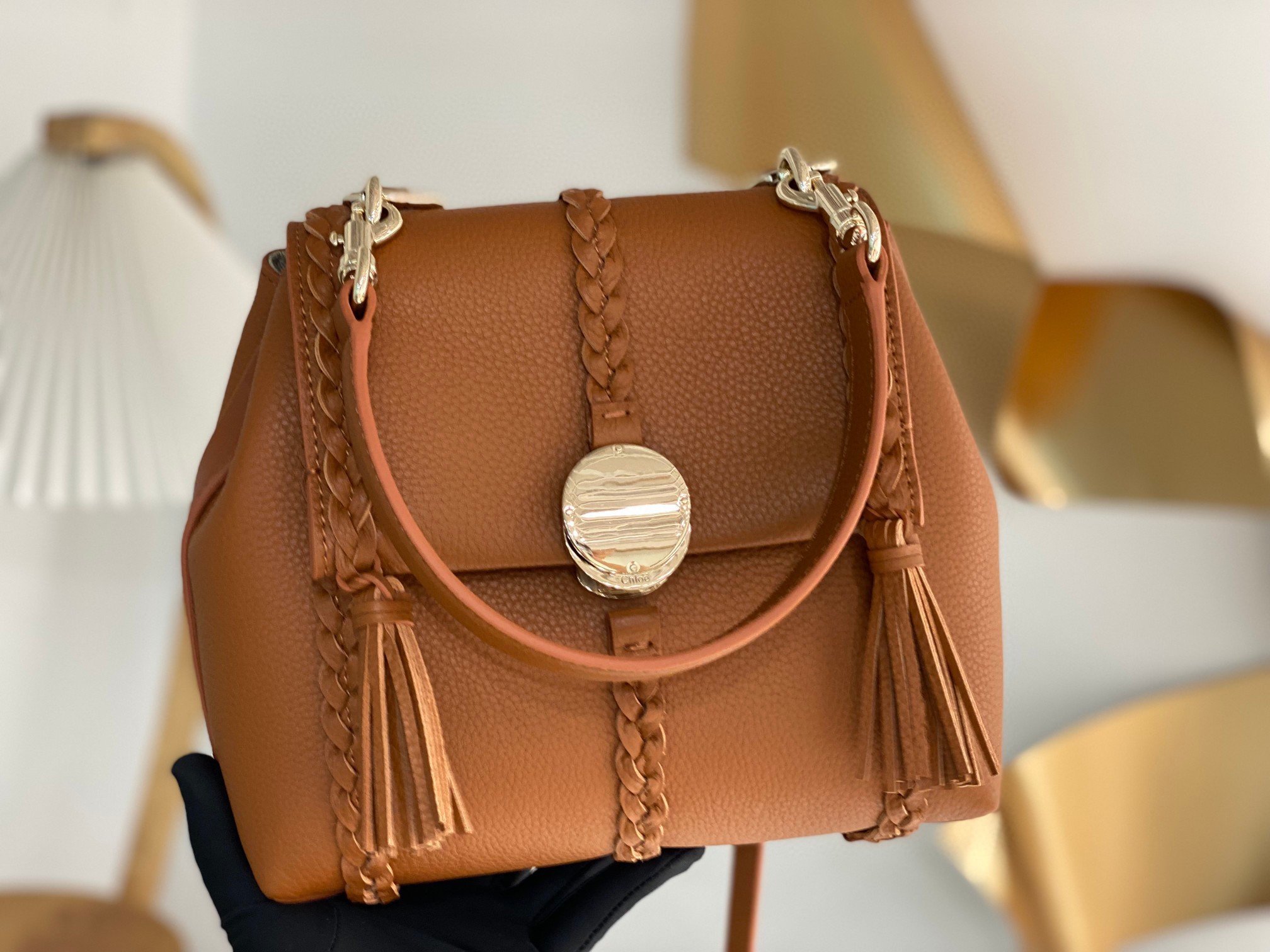 Chloe Penelope Small Shoulder Bag in Brown Grained Calfskin