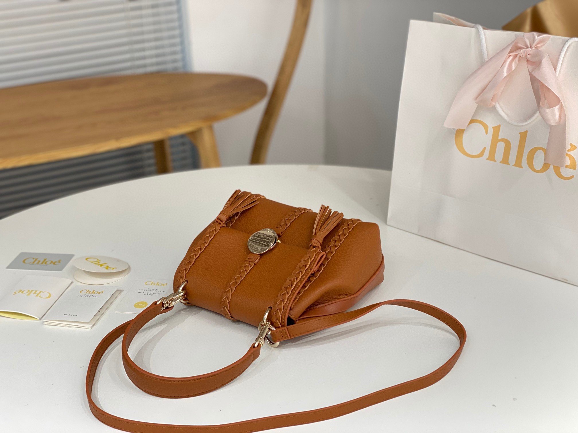 Chloe Penelope Small Shoulder Bag in Brown Grained Calfskin