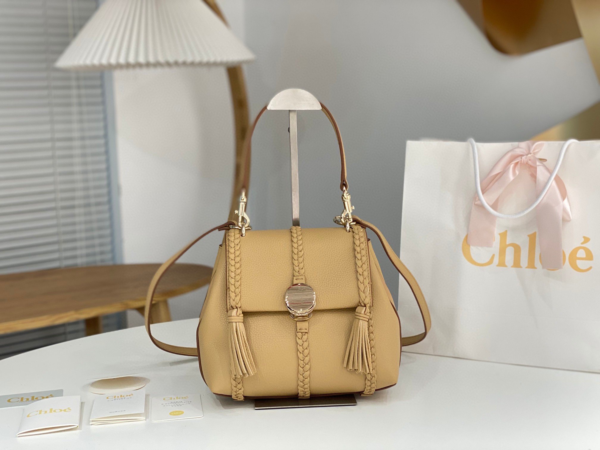 Chloe Penelope Small Shoulder Bag in Beige Grained Calfskin