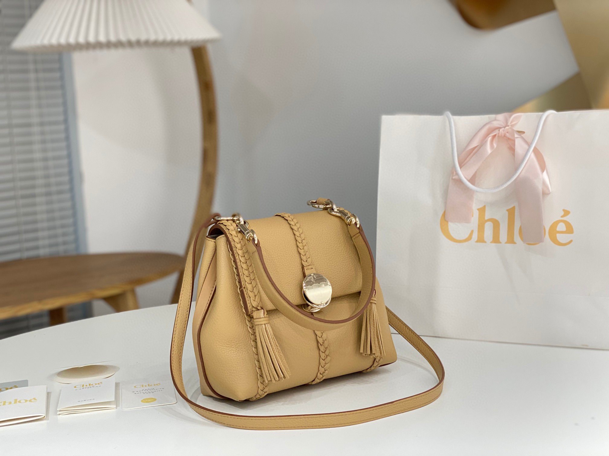 Chloe Penelope Small Shoulder Bag in Beige Grained Calfskin