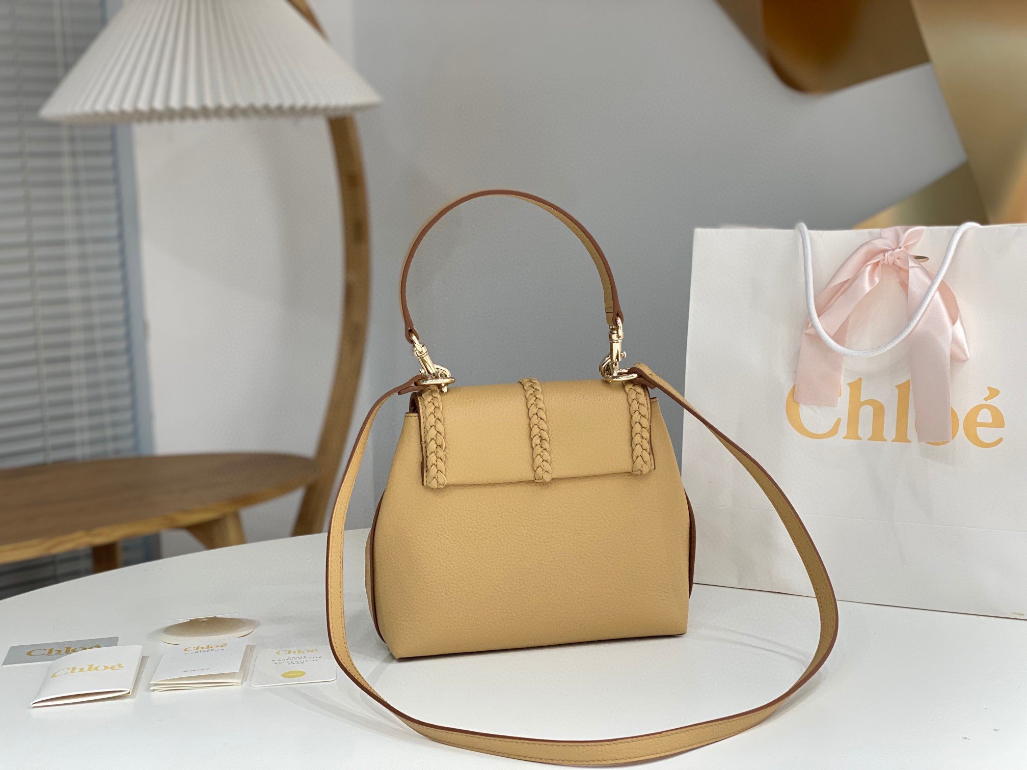 Chloe Penelope Small Shoulder Bag in Beige Grained Calfskin