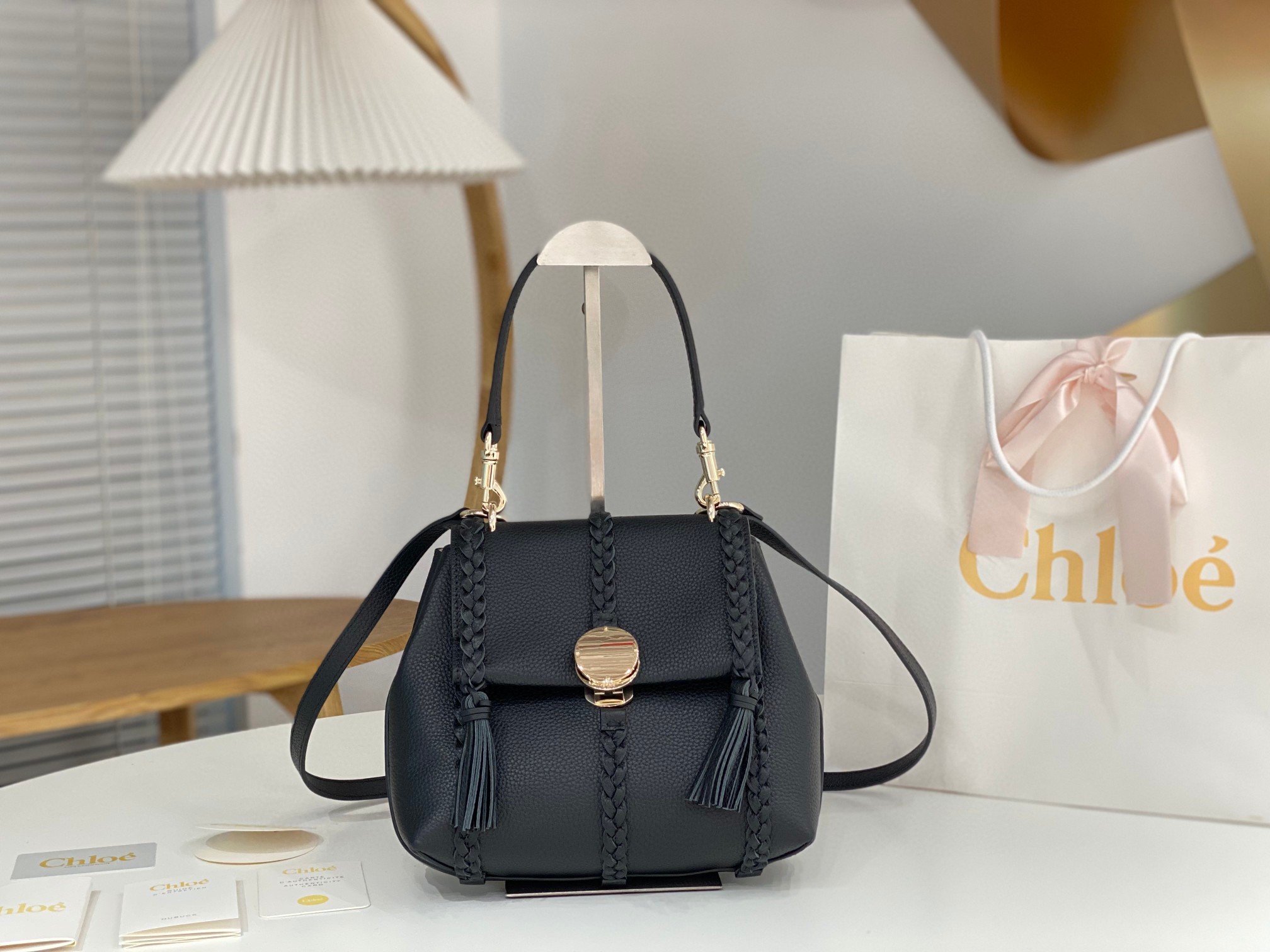 Chloe Penelope Small Shoulder Bag in Black Grained Calfskin