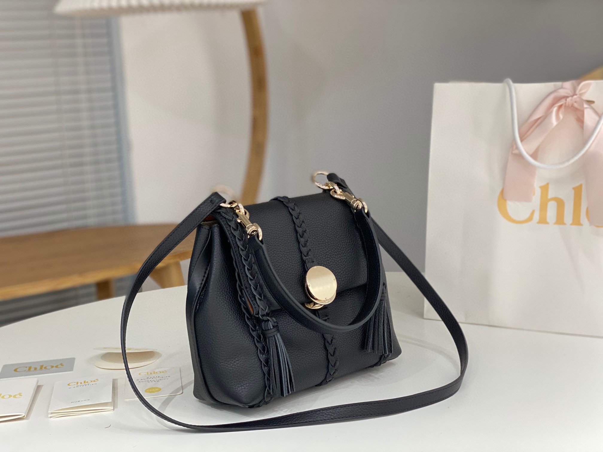 Chloe Penelope Small Shoulder Bag in Black Grained Calfskin