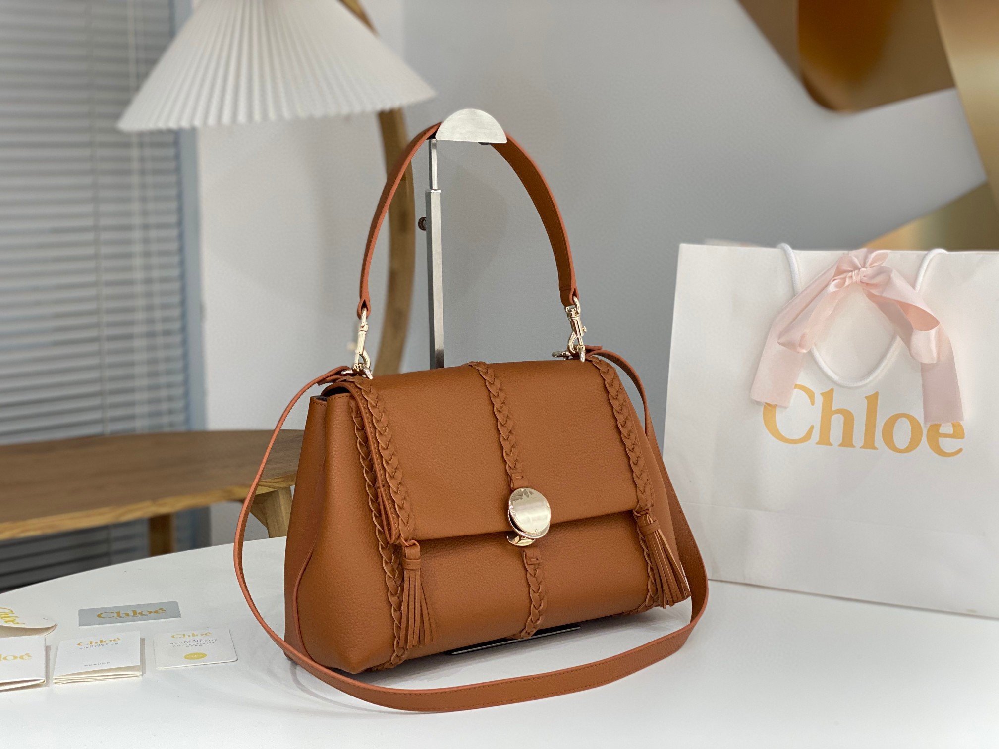 Chloe Penelope Medium Shoulder Bag in Brown Grained Calfskin