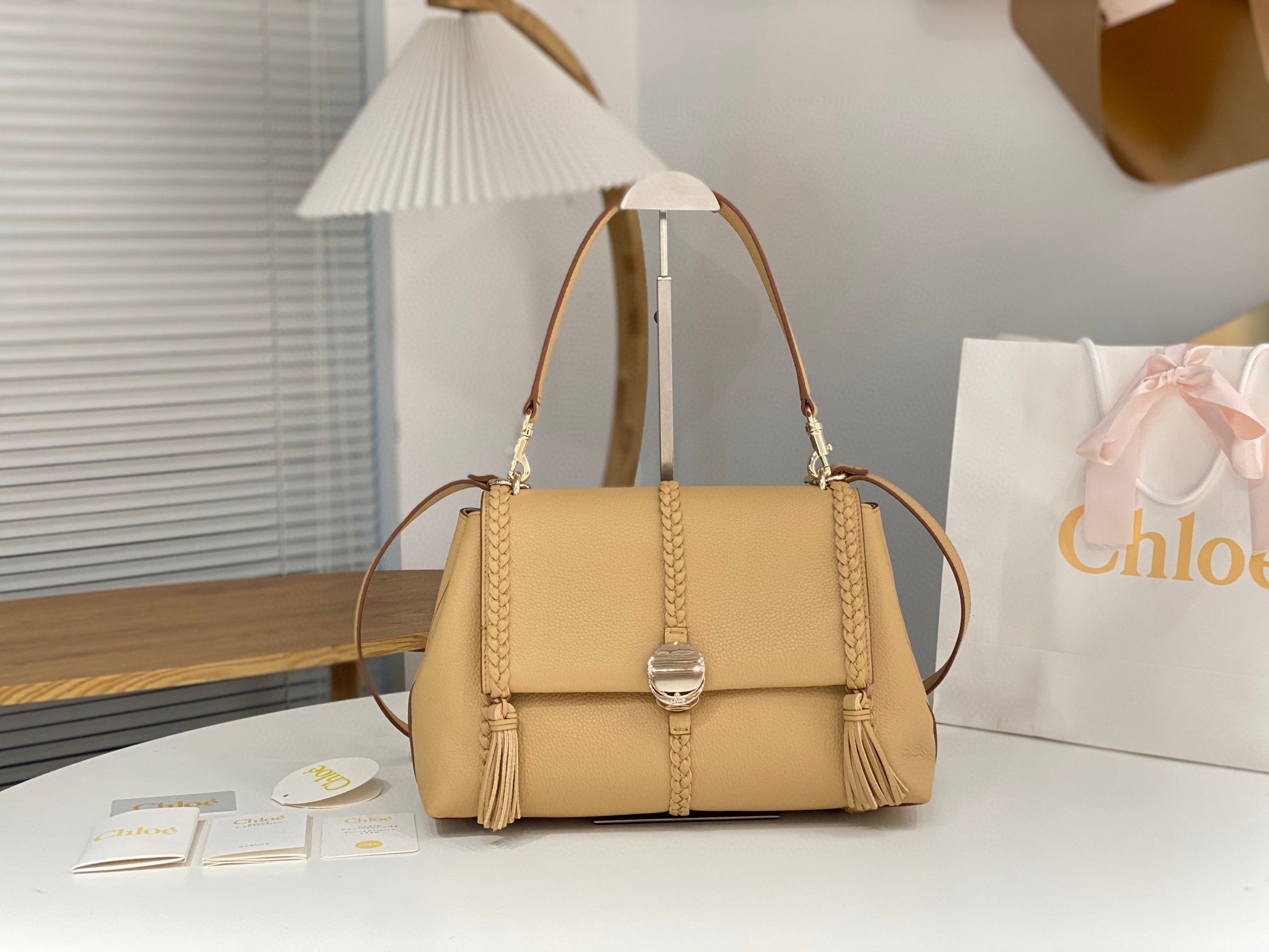 Chloe Penelope Medium Shoulder Bag in Beige Grained Calfskin