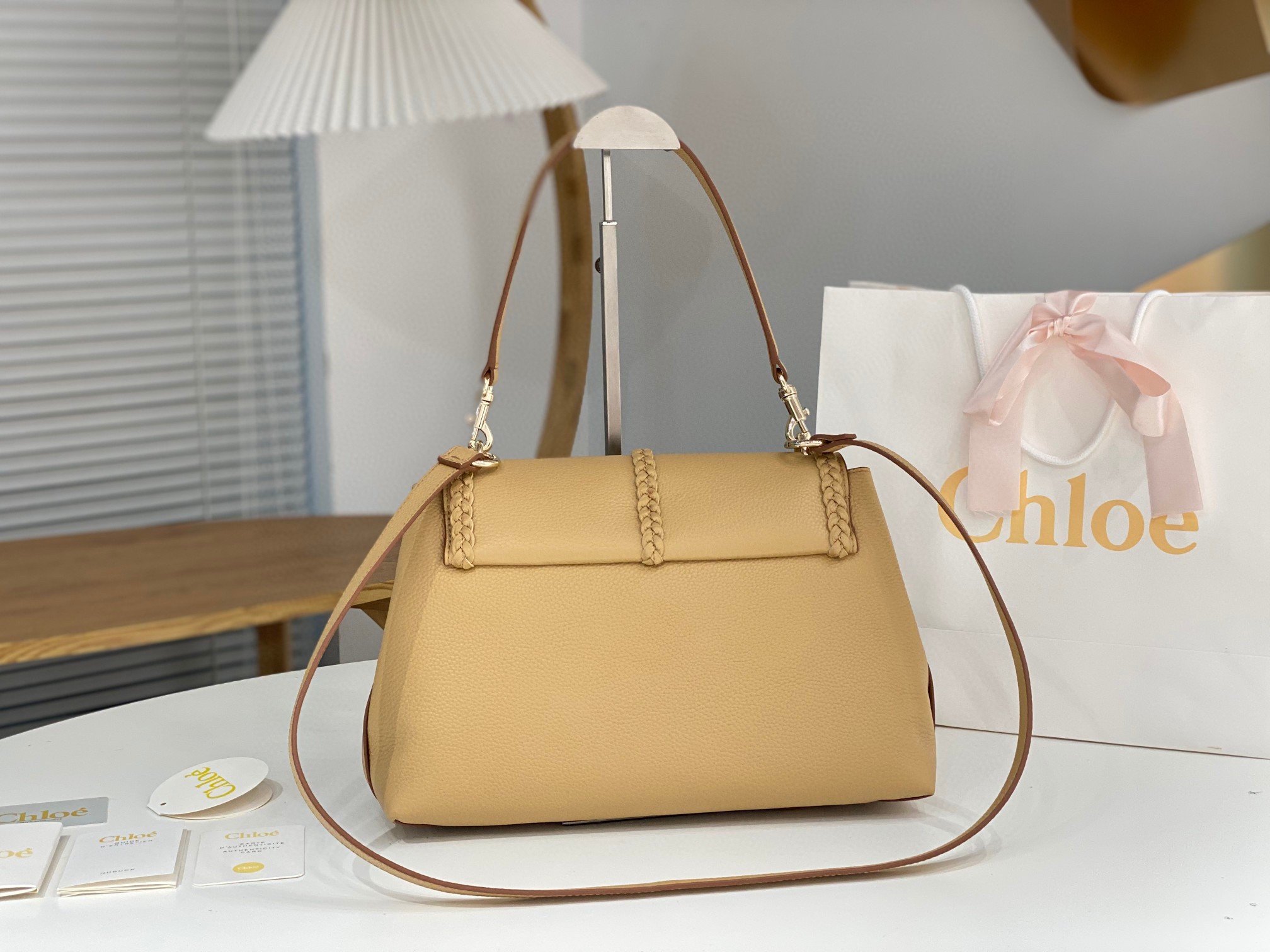 Chloe Penelope Medium Shoulder Bag in Beige Grained Calfskin