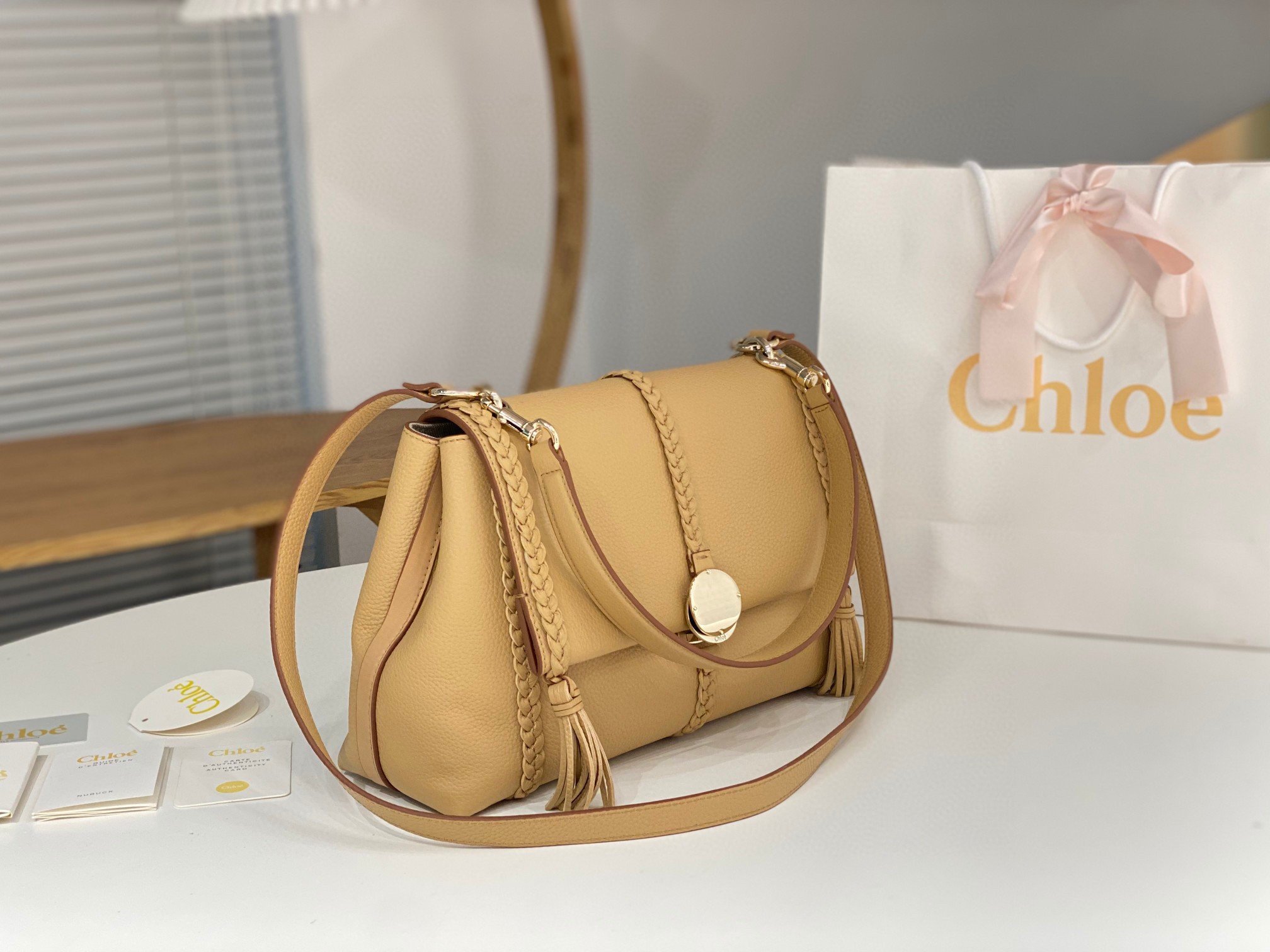 Chloe Penelope Medium Shoulder Bag in Beige Grained Calfskin