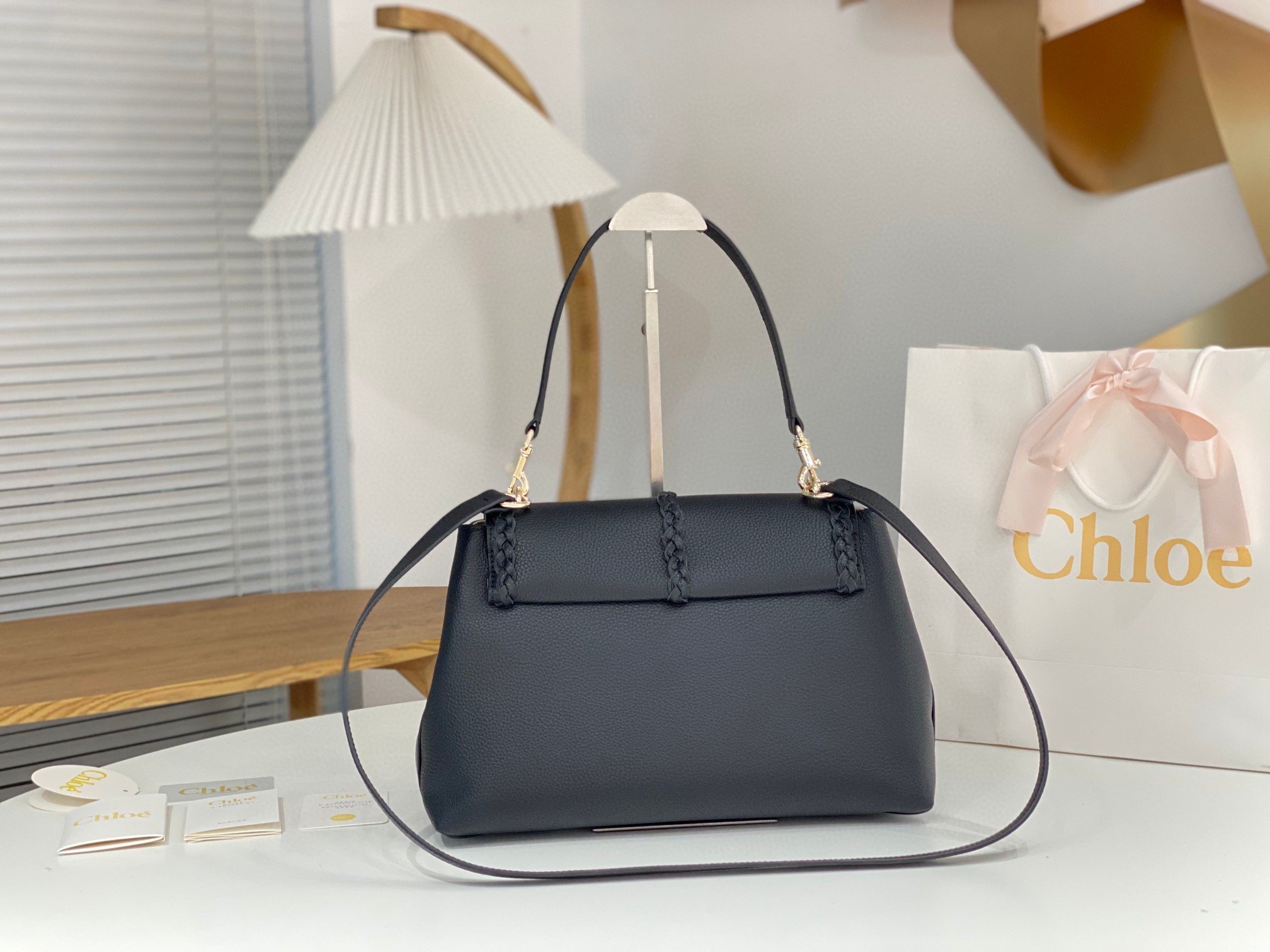 Chloe Penelope Medium Shoulder Bag in Black Grained Calfskin