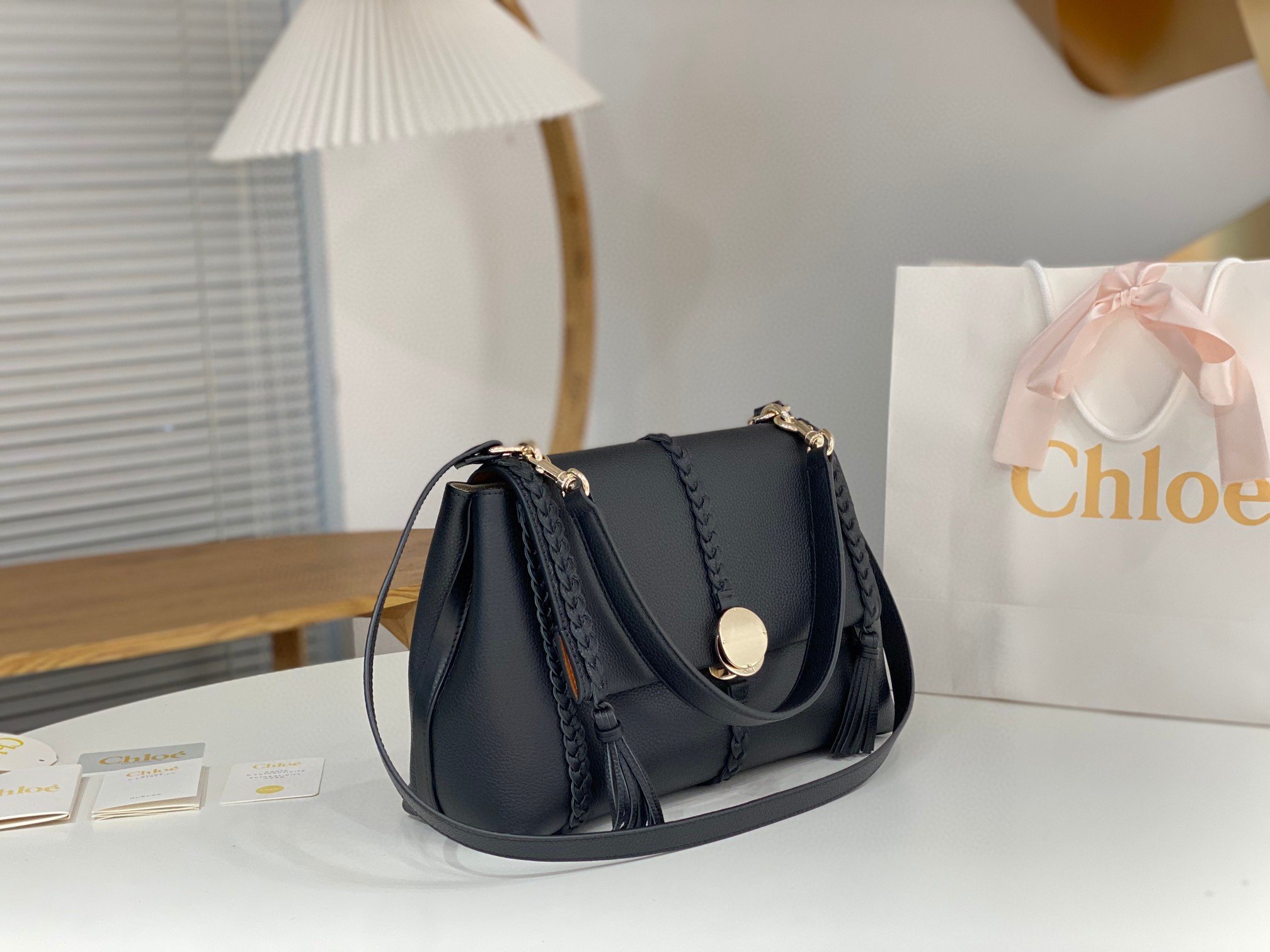 Chloe Penelope Medium Shoulder Bag in Black Grained Calfskin