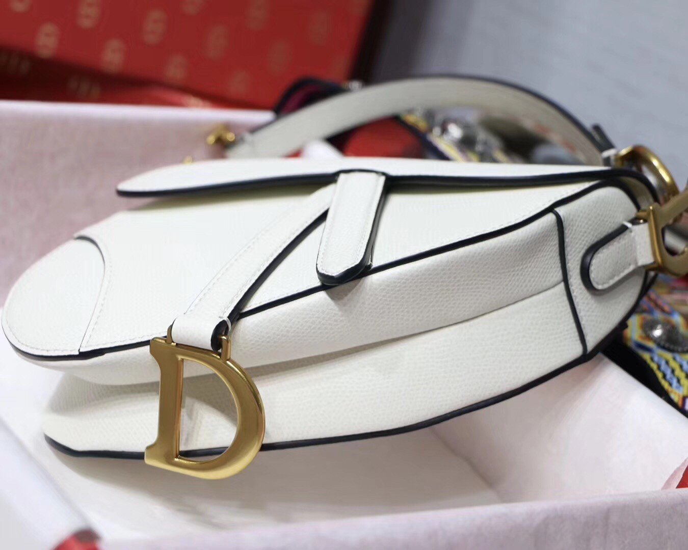 Dior Saddle Mini Bag In White Grained Calfskin