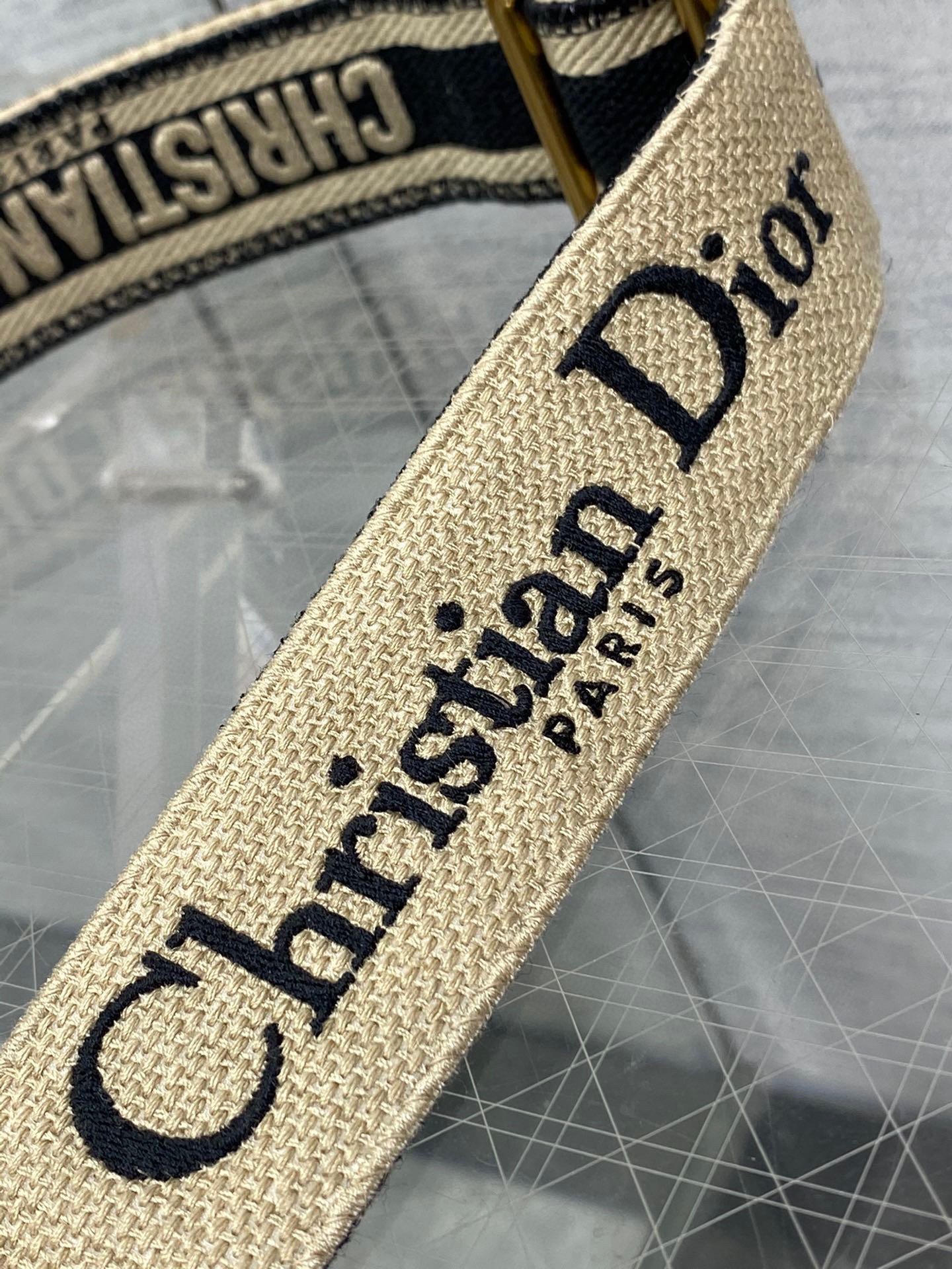 Dior Adjustable Shoulder Strap with Ring in Black Embroidery Canvas