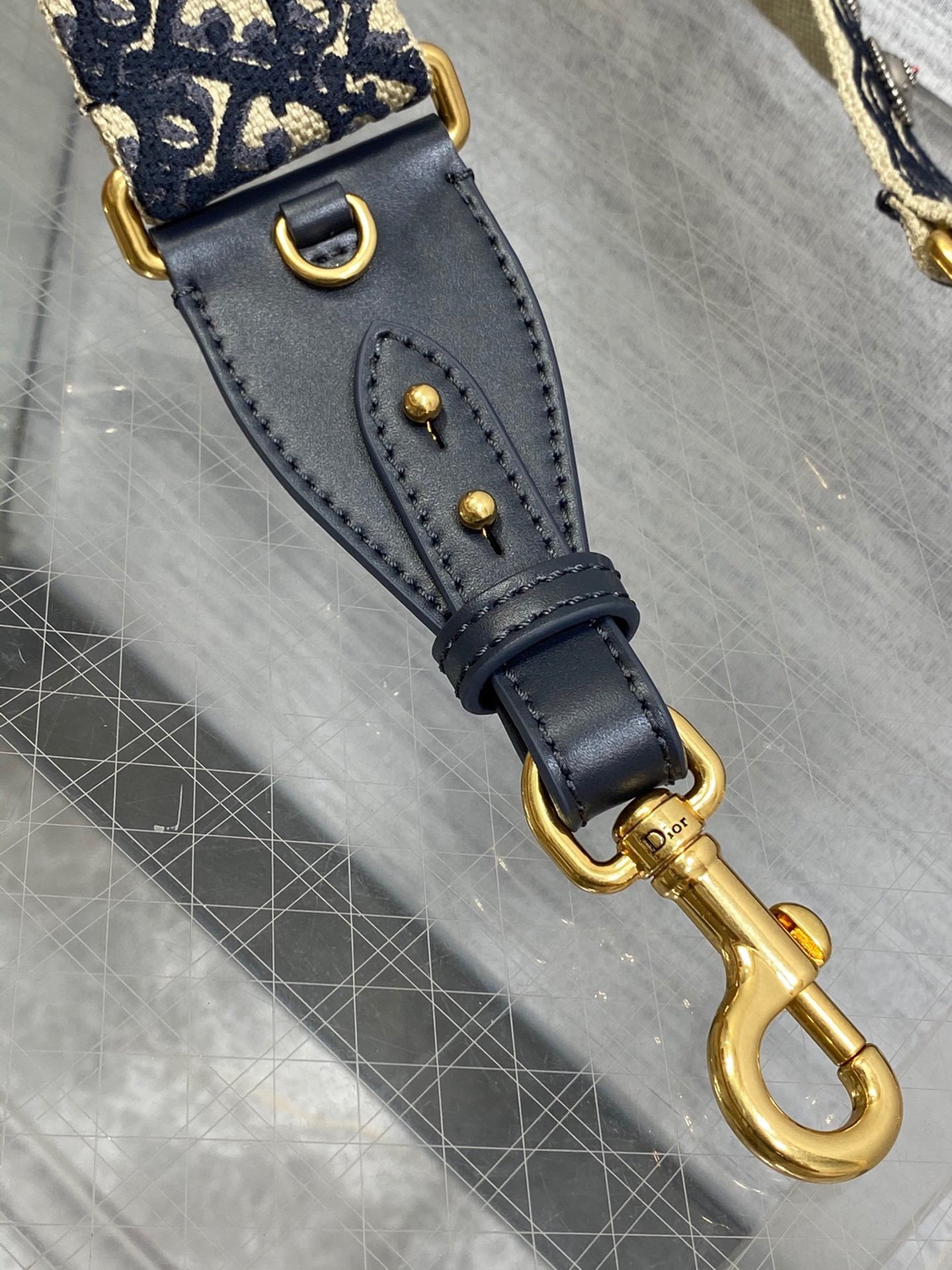 Dior Shoulder Strap with Ring in Blue Oblique Embroidery with Medallions