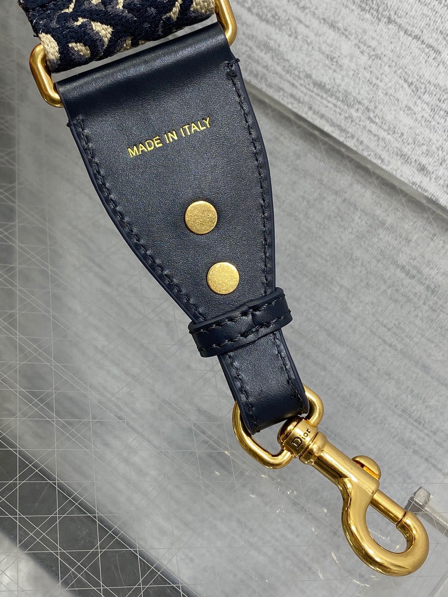 Dior Shoulder Strap with Ring in Blue Oblique Embroidery with Medallions