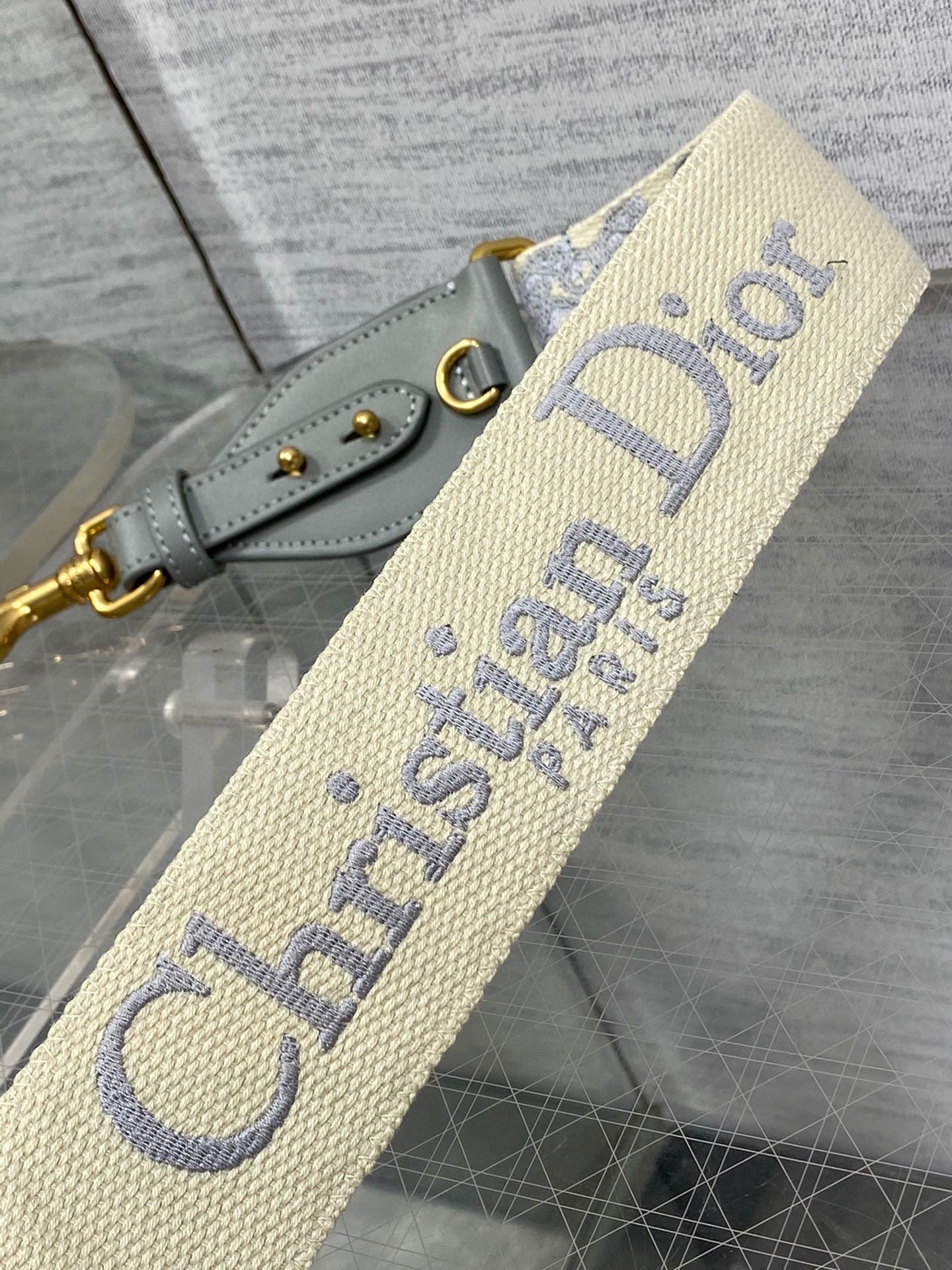 Dior Shoulder Strap with Ring in Gray Oblique Embroidery