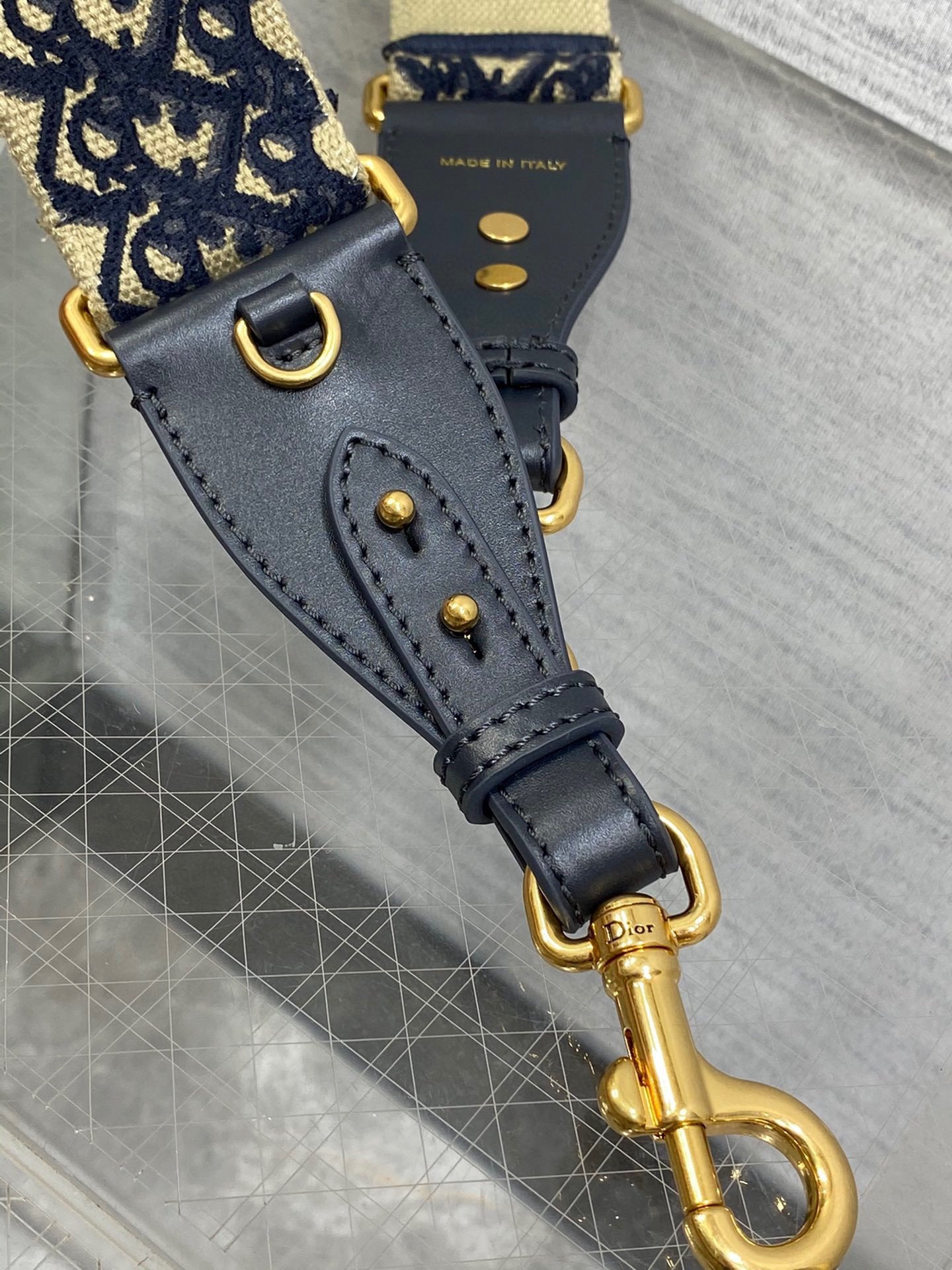 Dior Shoulder Strap with Ring in Blue Oblique Embroidery