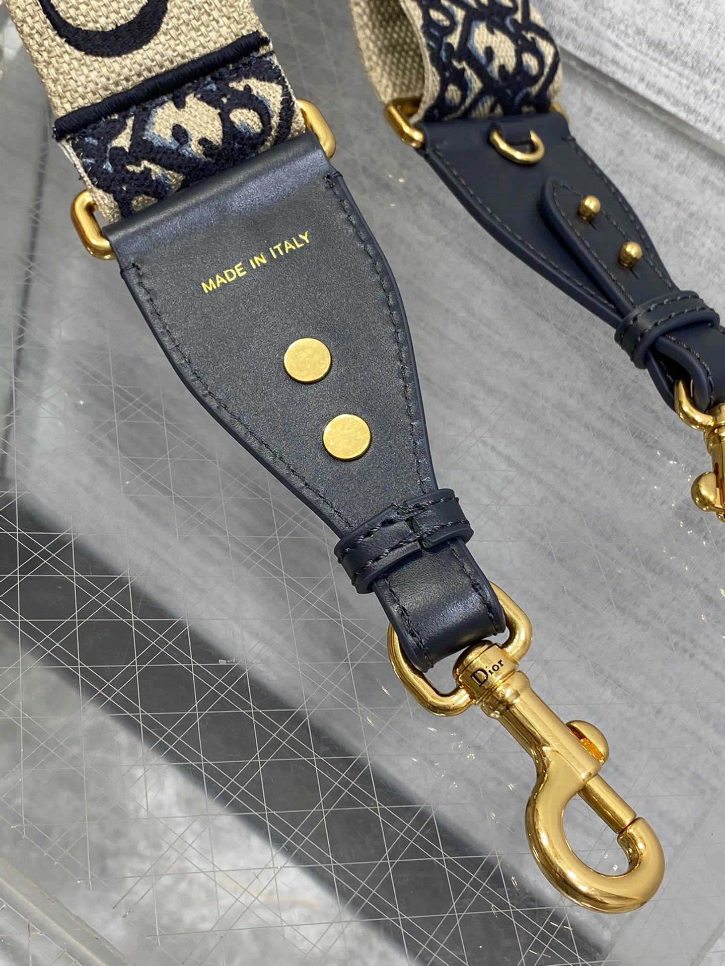 Dior Adjustable Shoulder Strap with Ring in Blue Oblique Embroidery