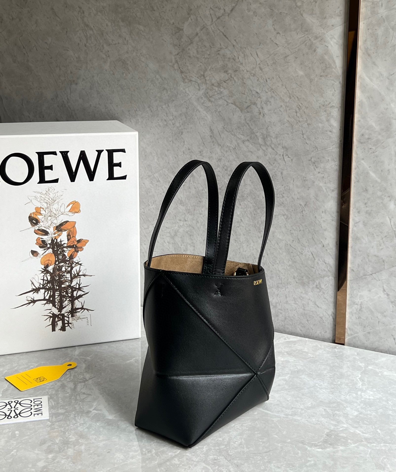 Loewe Mini Puzzle Fold Tote Bag in Black Calfskin