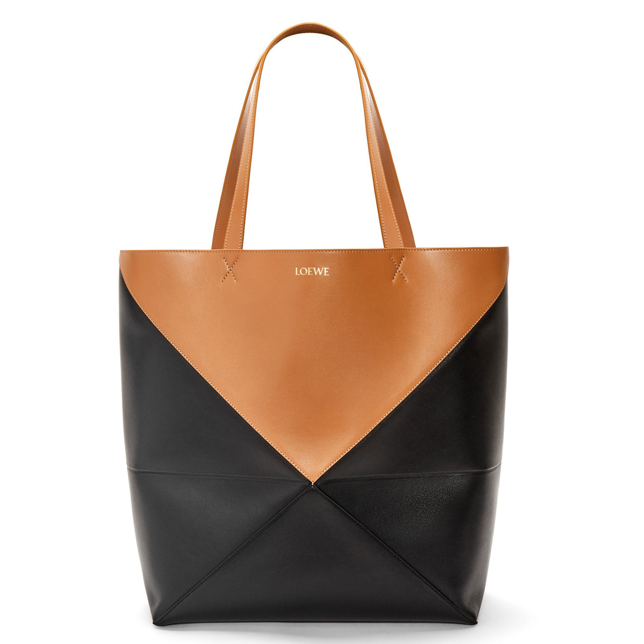 Loewe Large Puzzle Fold Tote Bag in Tan and Black Calfskin