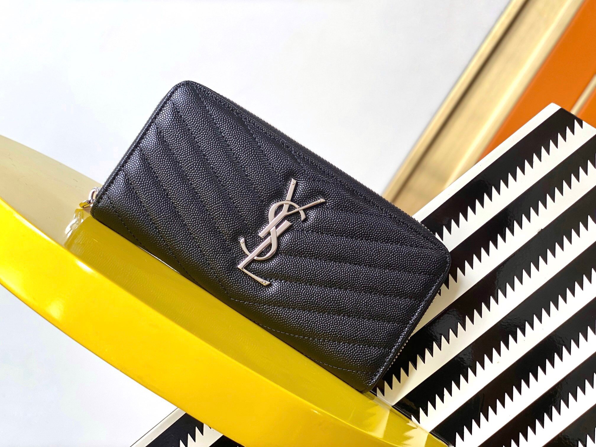 Saint Laurent Cassandre Zip Around Wallet in Noir Matelasse Leather