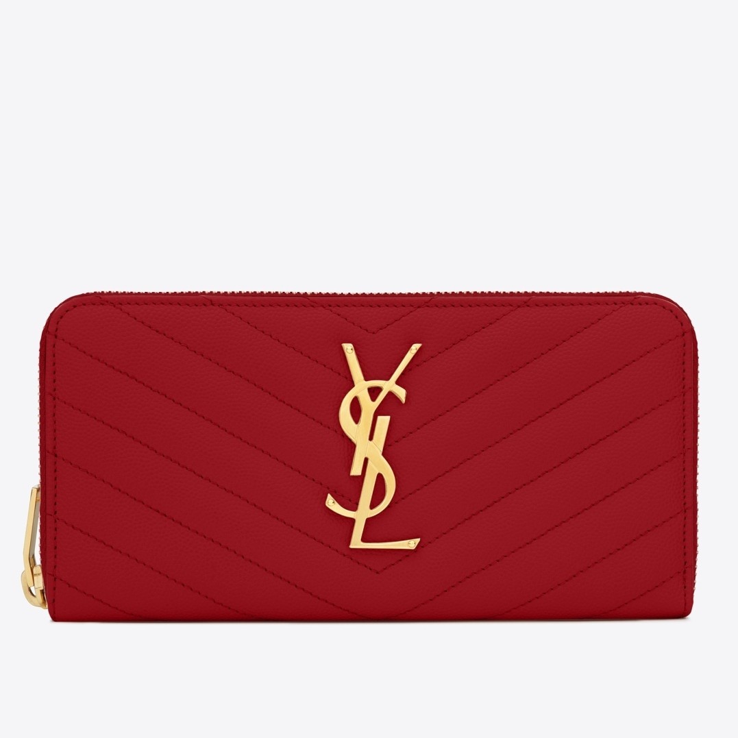 Saint Laurent Cassandre Zip Around Wallet in Red Matelasse Leather