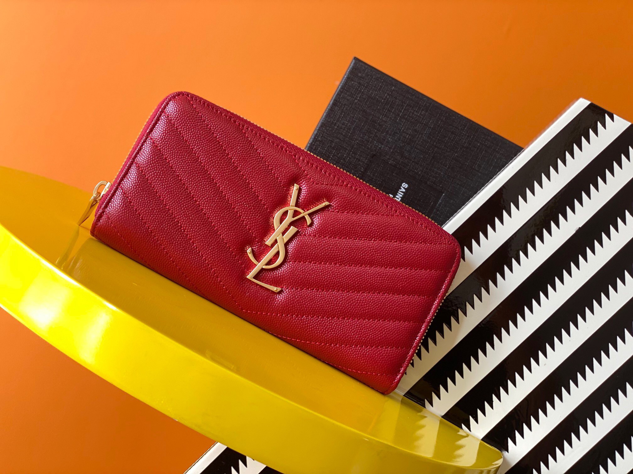 Saint Laurent Cassandre Zip Around Wallet in Red Matelasse Leather