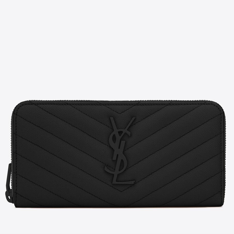 Saint Laurent Cassandre Zip Around All Black Wallet in Matelasse Leather