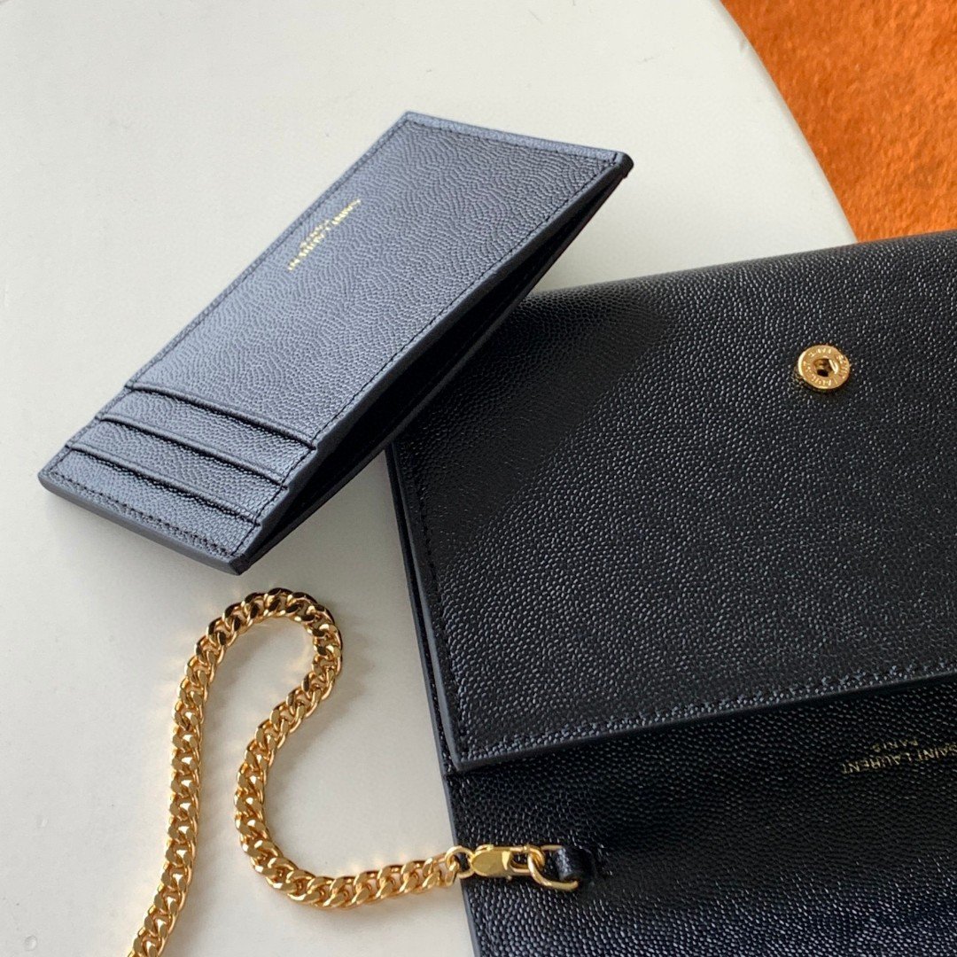 Saint Laurent Uptown Chain Wallet in Black Grained Leather