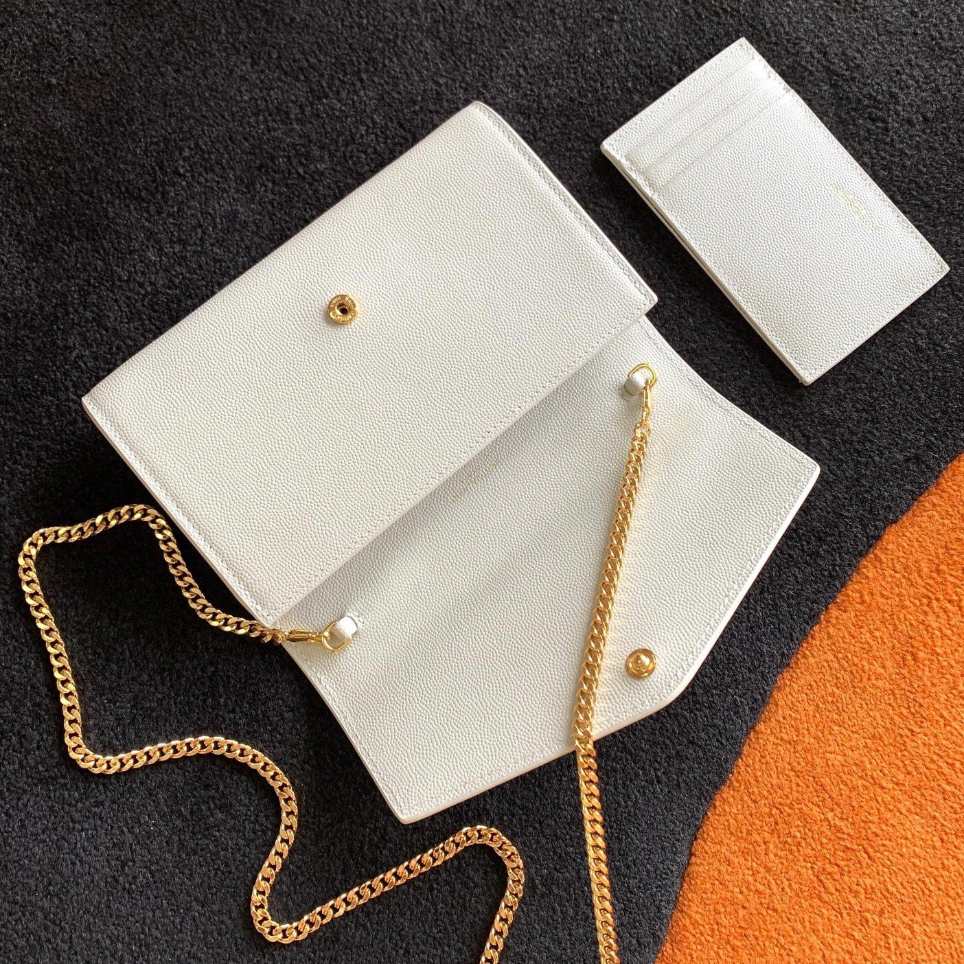 Saint Laurent Uptown Chain Wallet in White Grained Leather