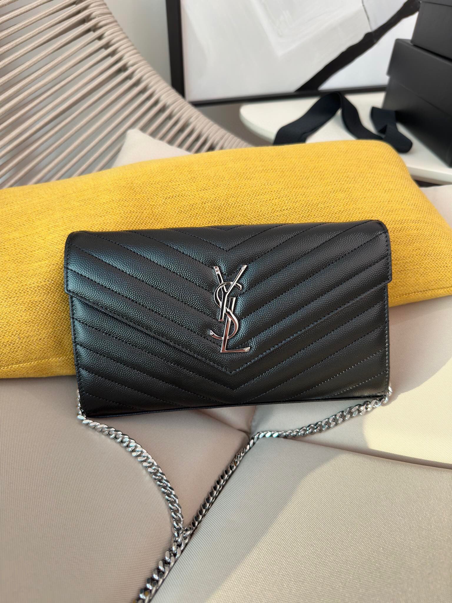 Saint Laurent Cassandre Matelasse Chain Wallet in Noir Grained Leather