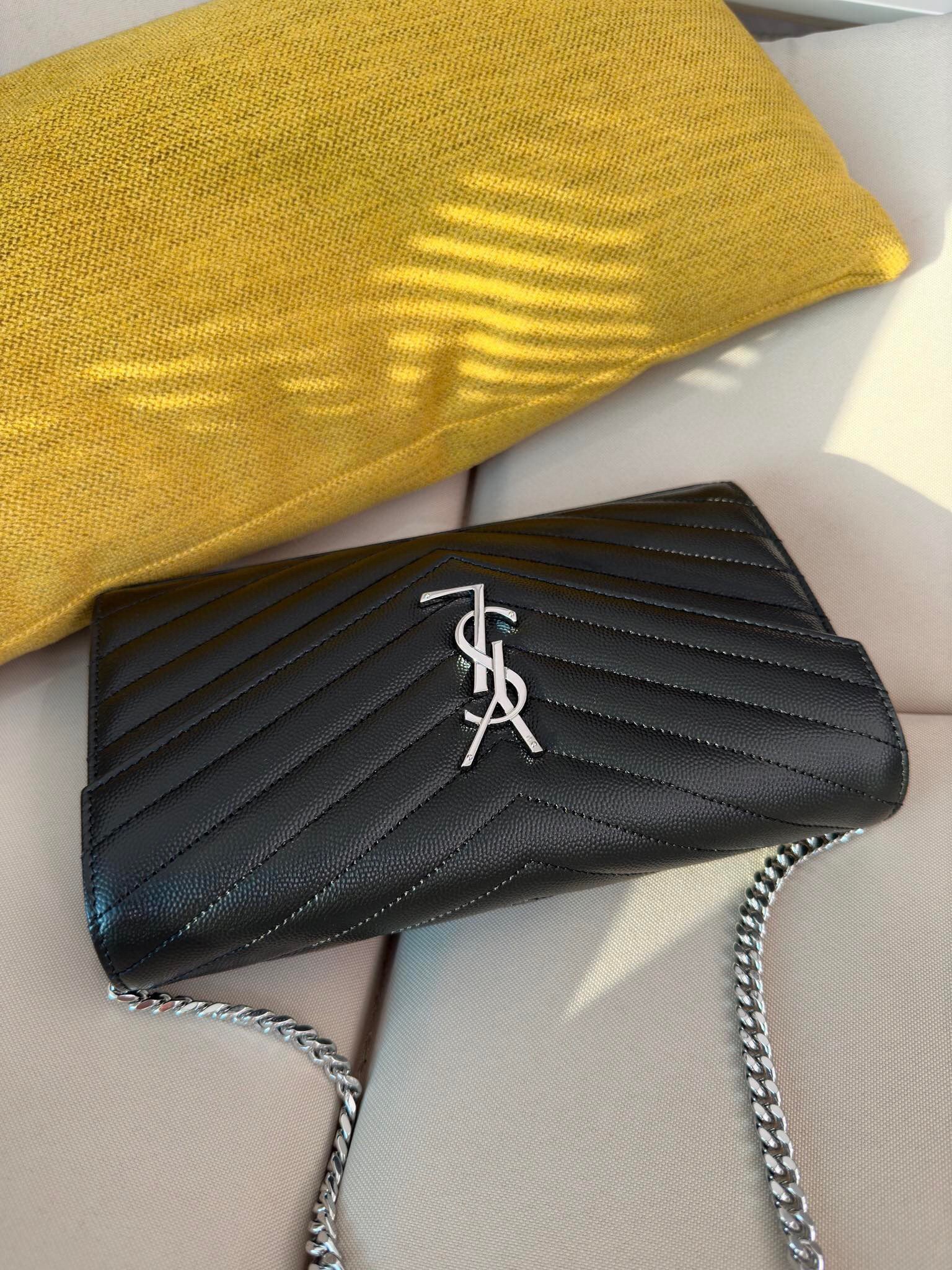 Saint Laurent Cassandre Matelasse Chain Wallet in Noir Grained Leather